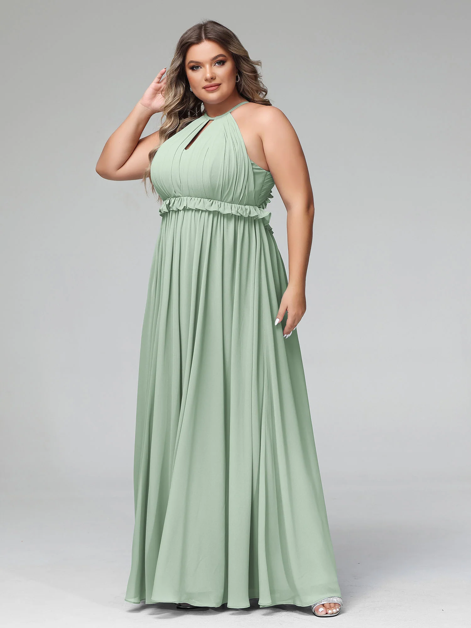 Keyhole Neckline Open Back Chiffon Max Long Dress Agave - Image 6