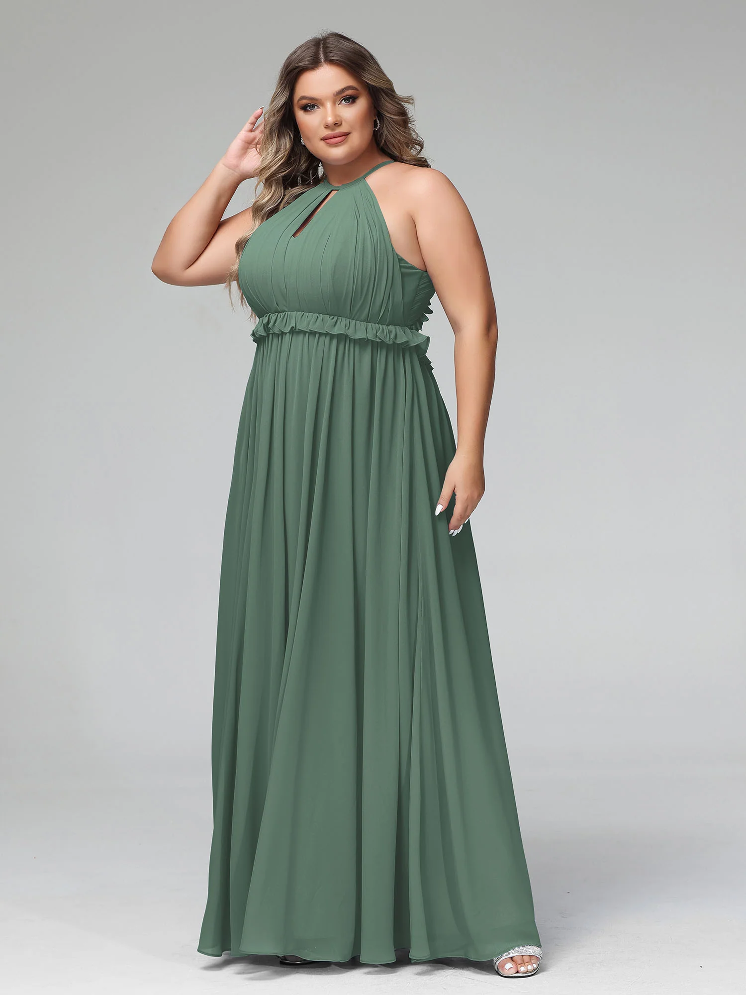 Keyhole Neckline Open Back Chiffon Max Long Dress Eucalyptus - Image 6