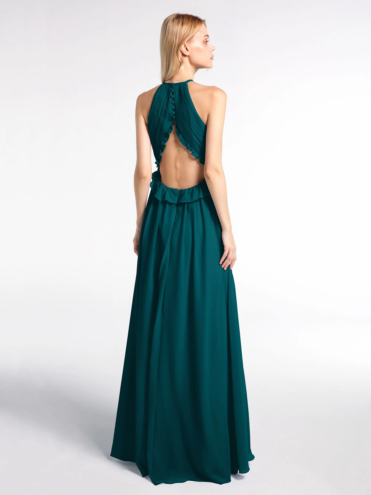 Keyhole Neckline Open Back Chiffon Max Long Dress Pine - Image 2