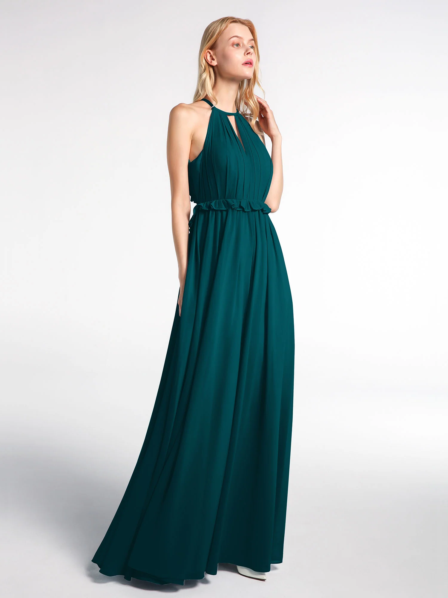 Keyhole Neckline Open Back Chiffon Max Long Dress Pine - Image 3