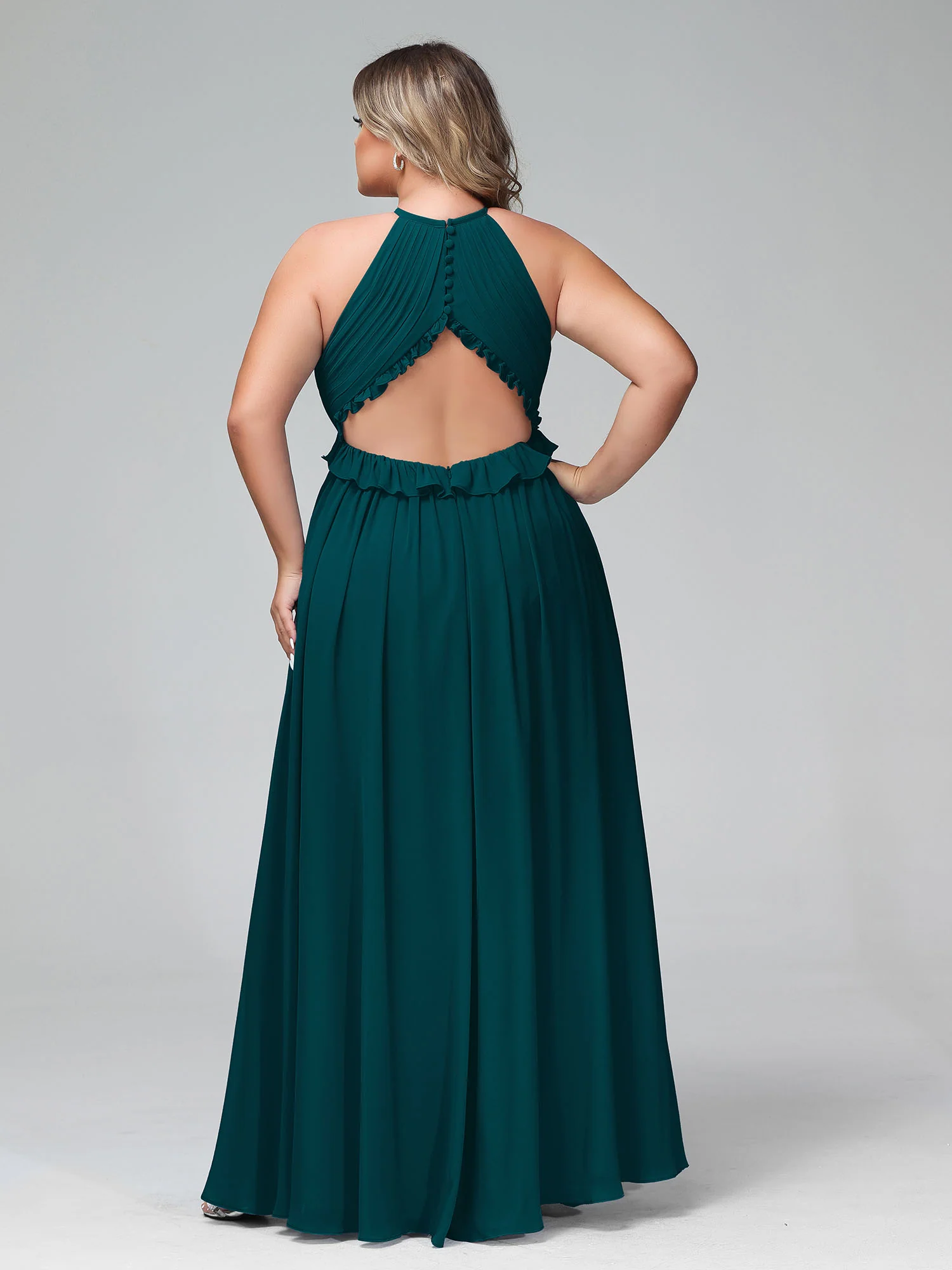Keyhole Neckline Open Back Chiffon Max Long Dress Pine - Image 5