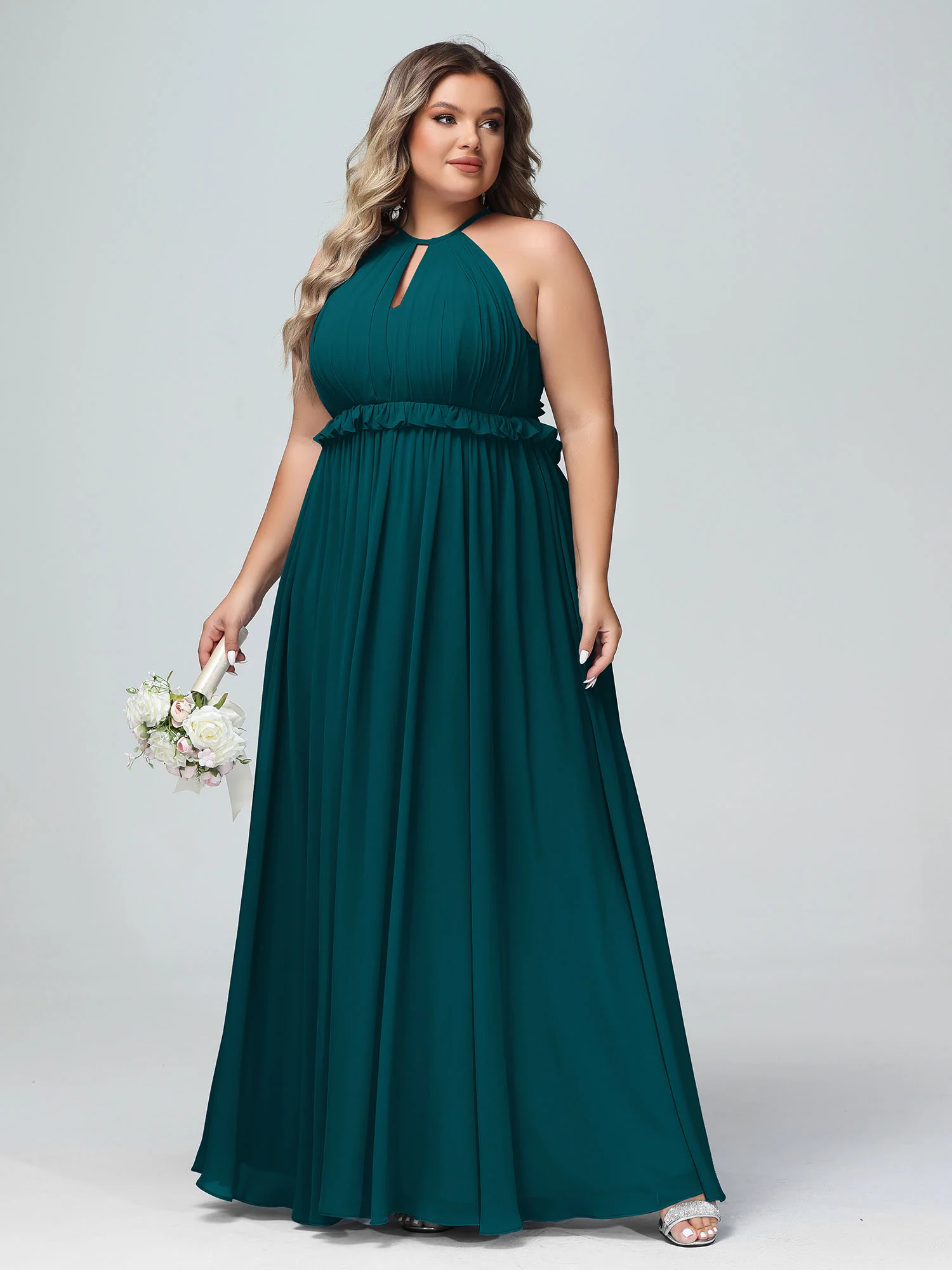 Keyhole Neckline Open Back Chiffon Max Long Dress Pine - Image 7