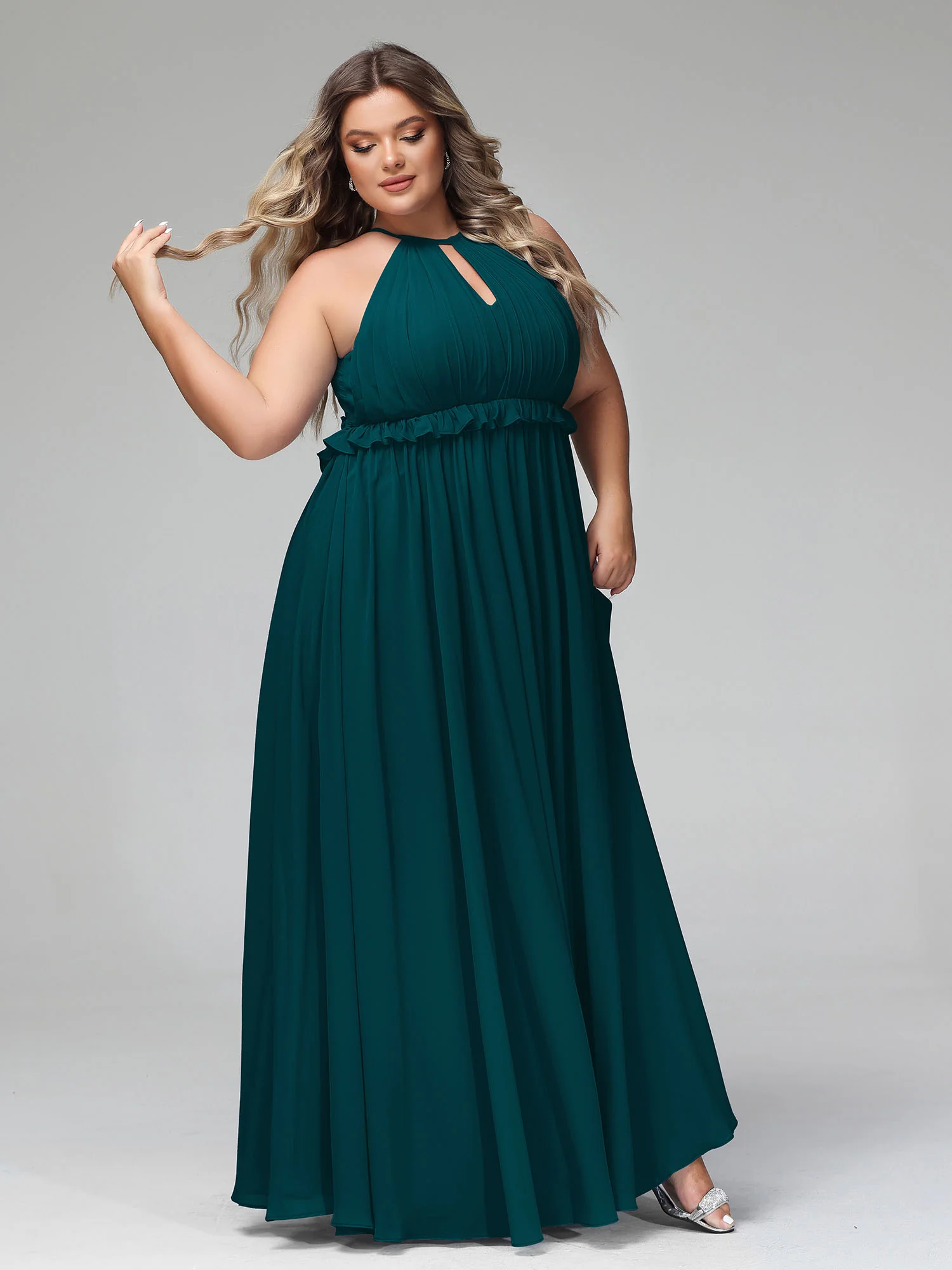 Keyhole Neckline Open Back Chiffon Max Long Dress Pine - Image 8