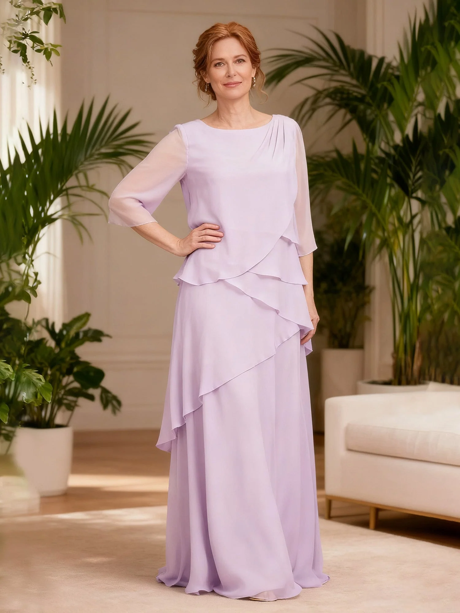 Cascading Ruffle Gown Boat Neck Floating Panels Cabernet