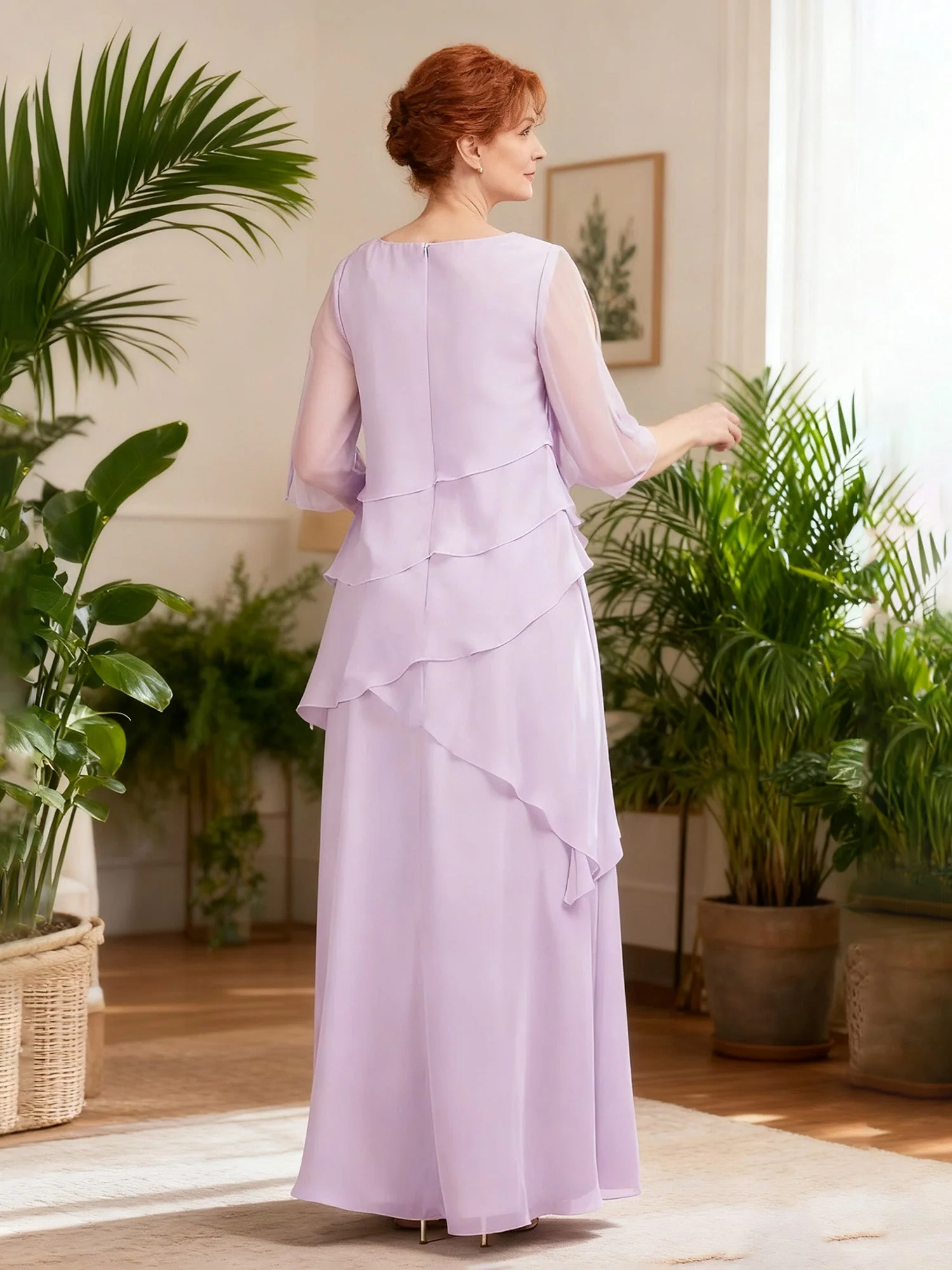 Cascading Ruffle Gown Boat Neck Floating Panels Champagne - Image 2