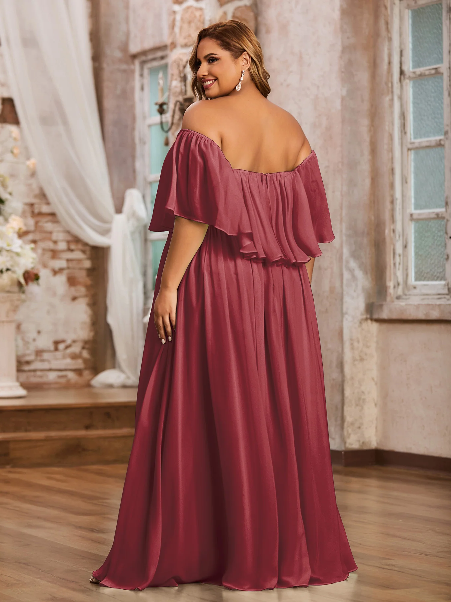 Lace and Chiffon Maxi Dress with Cap Sleeves-Cinnamon Rose Plus Size - Image 2