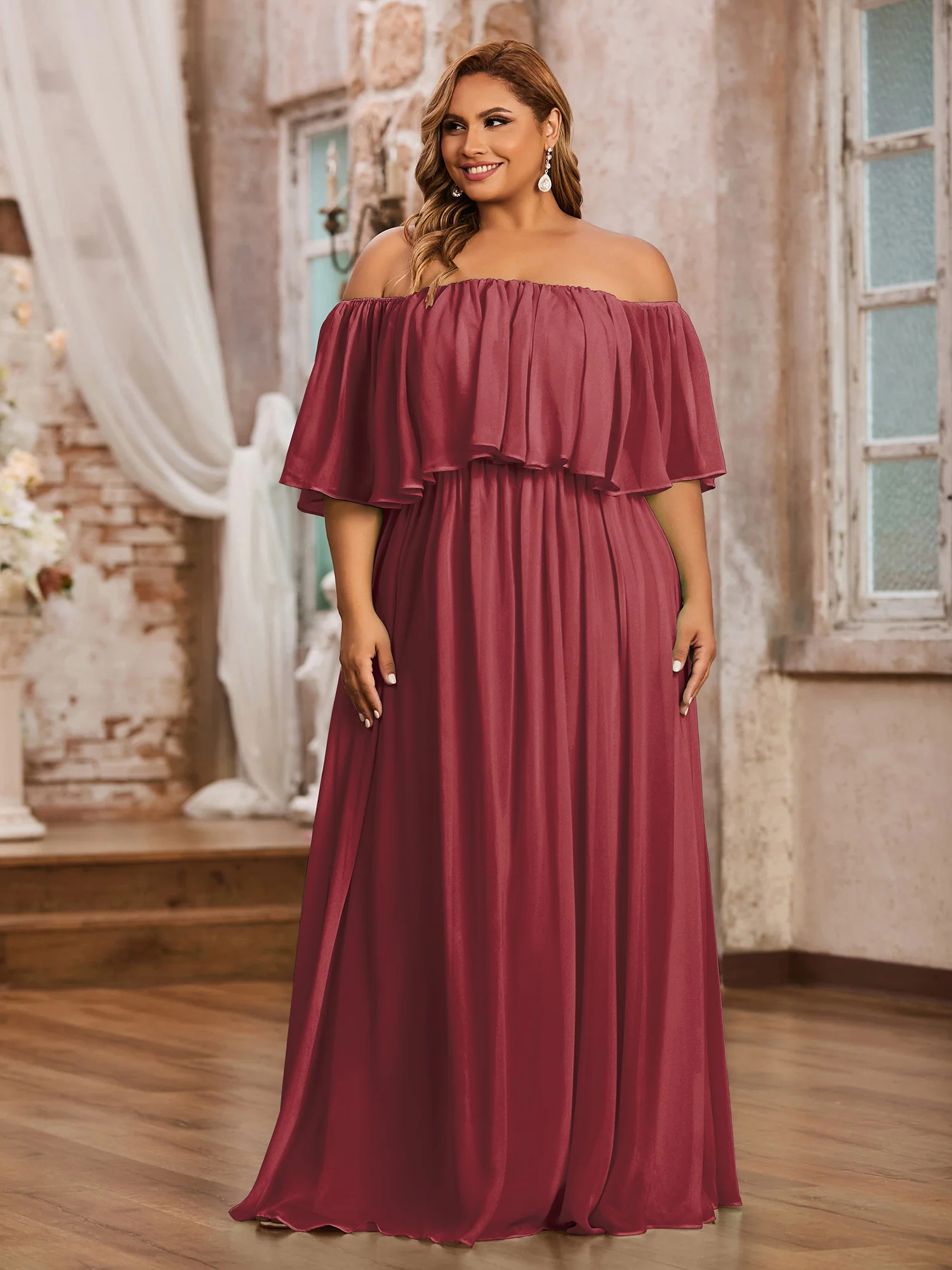 Lace and Chiffon Maxi Dress with Cap Sleeves-Cinnamon Rose Plus Size - Image 3