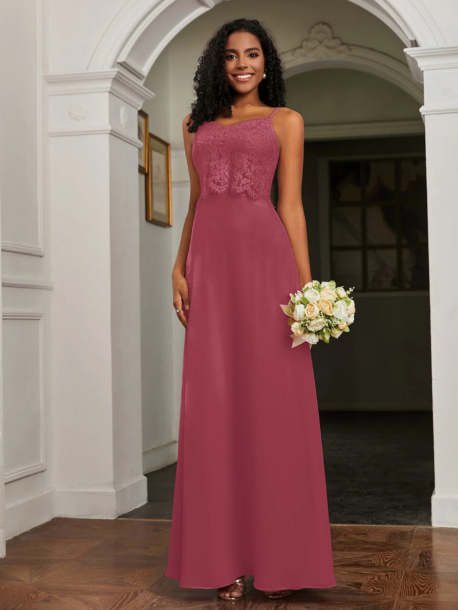 Lace Appliqued  Backless Chiffon A-Line Dress Cinnamon Rose Plus Size