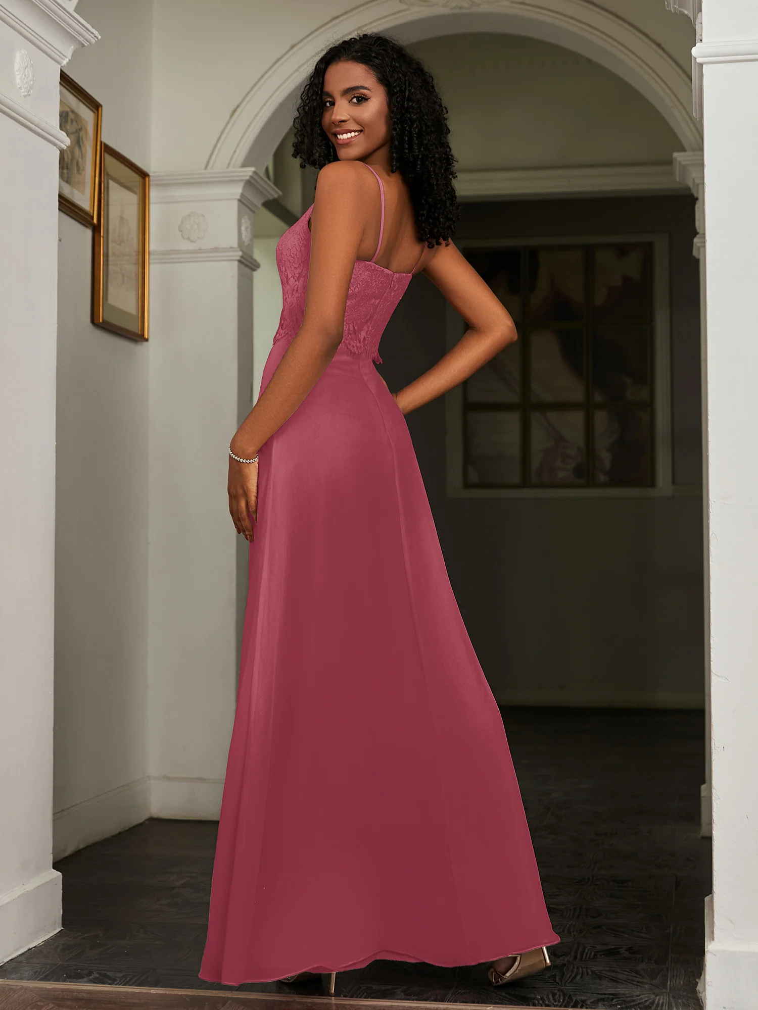 Lace Appliqued  Backless Chiffon A-Line Dress Cinnamon Rose Plus Size - Image 2