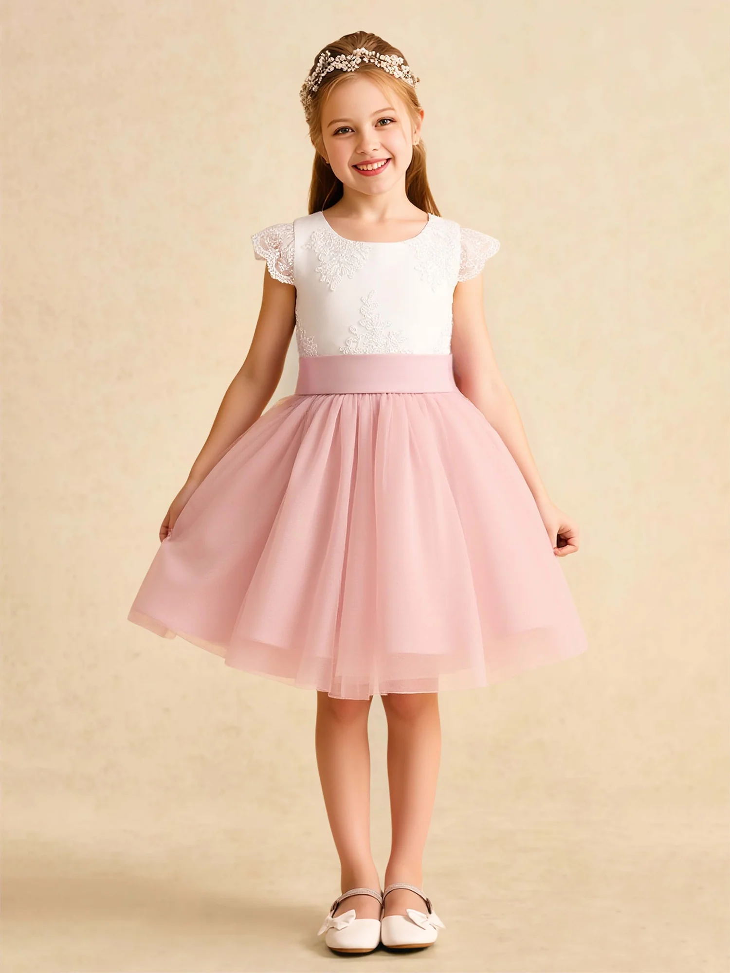 Lace Scoop Neck Knee-Length Tulle Flower Girl Dress Blushing Pink