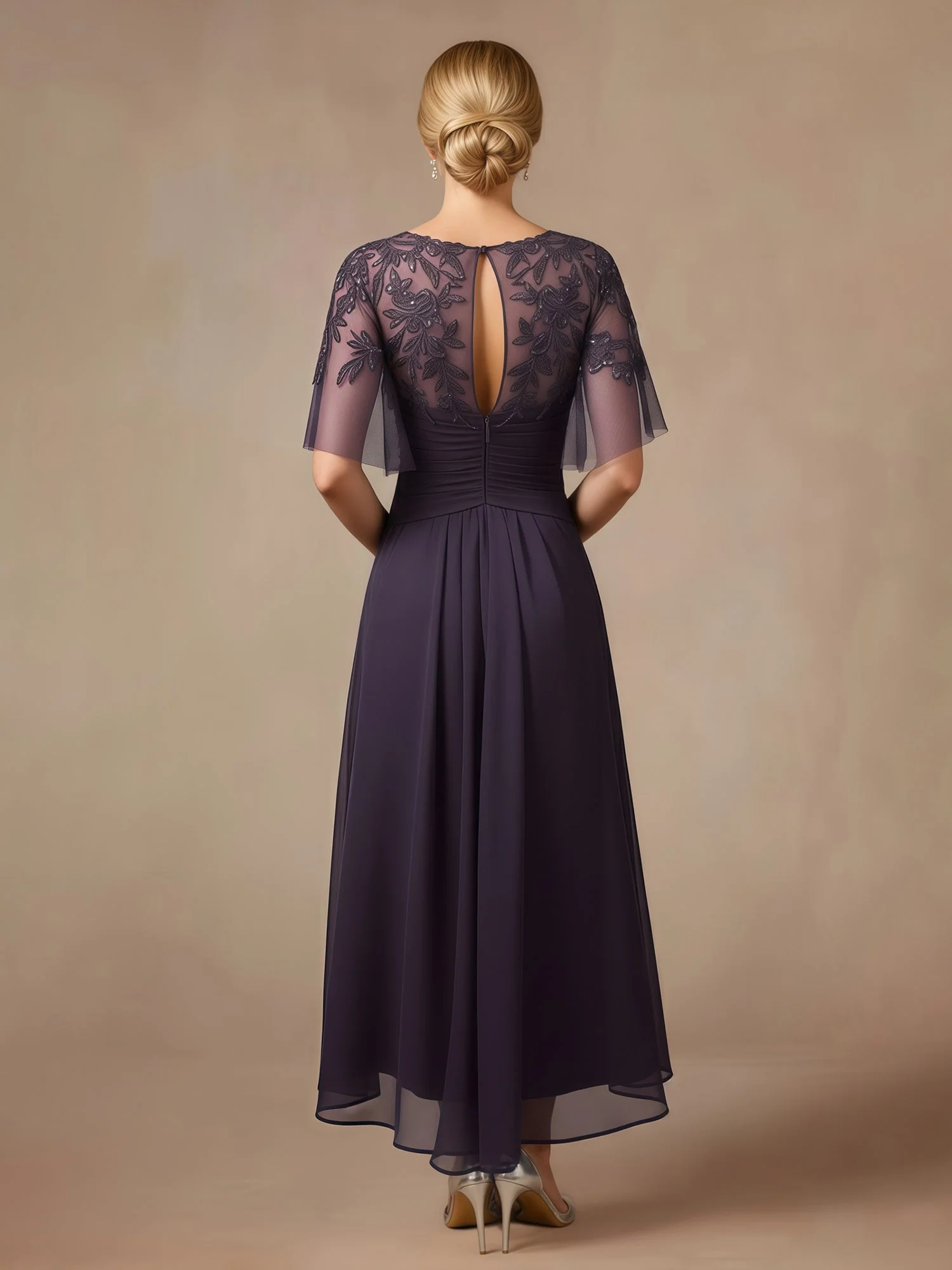 Lace Sequins Chiffon A-Line Asymmetrical Dress With Ruffles Ivory - Image 2