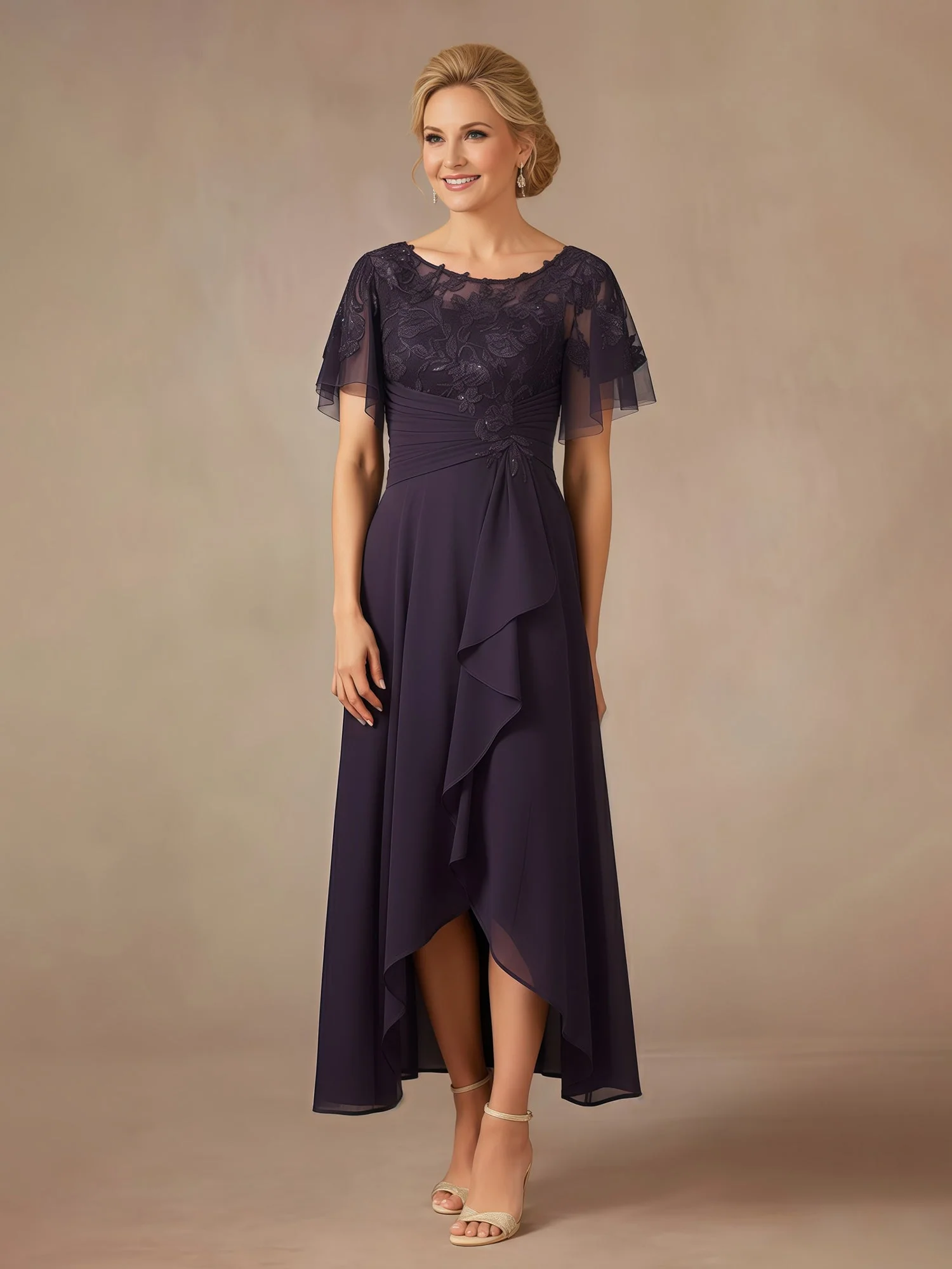 Lace Sequins Chiffon A-Line Asymmetrical Dress With Ruffles Tahiti