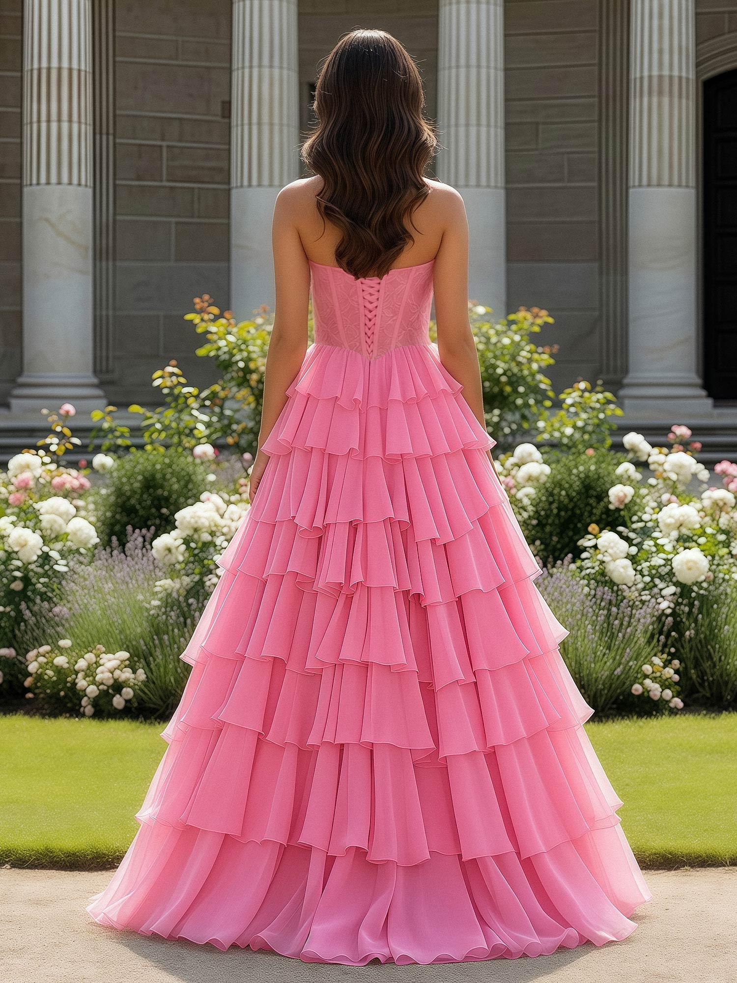 Lace Sweetheart Corset A-Line Tiered Dress With Slit Pink - Image 2