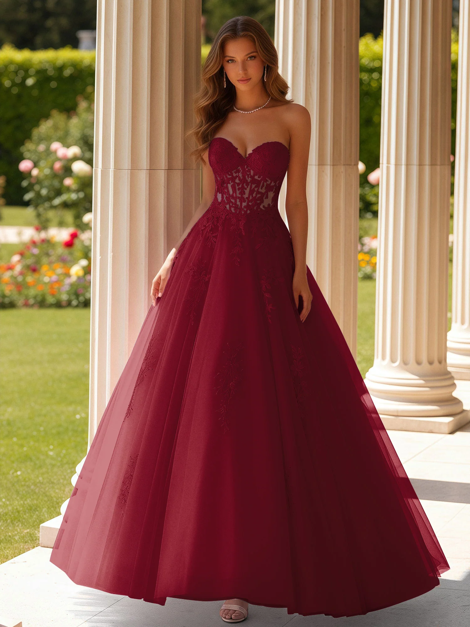 Lace Sweetheart Sheer Corset Applique Tulle Dress Burgundy