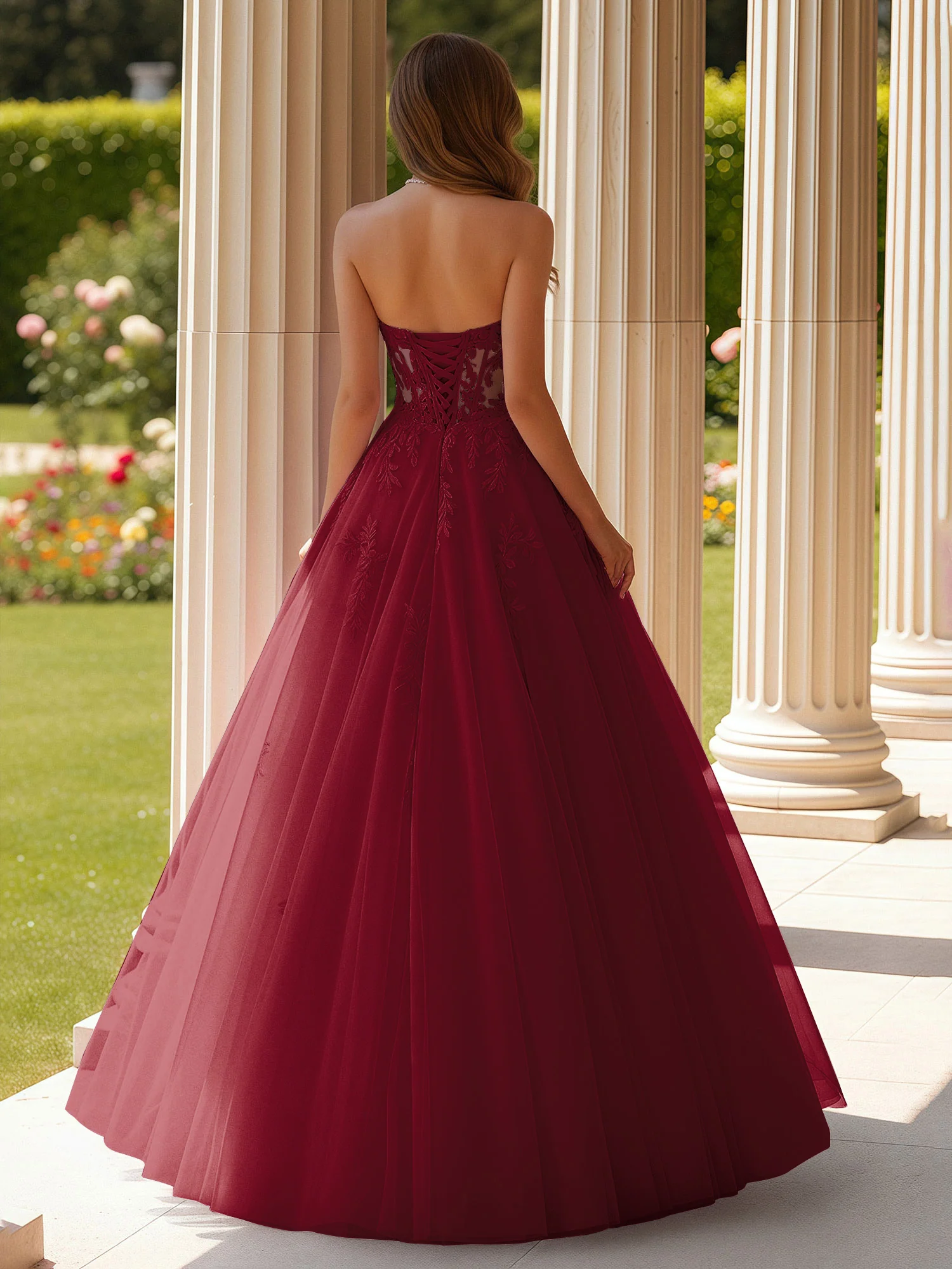 Lace Sweetheart Sheer Corset Applique Tulle Dress Burgundy - Image 2