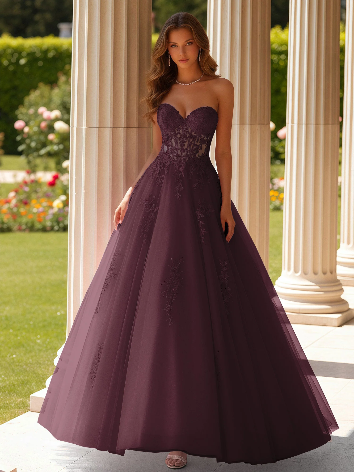 Lace Sweetheart Sheer Corset Applique Tulle Dress Cabernet