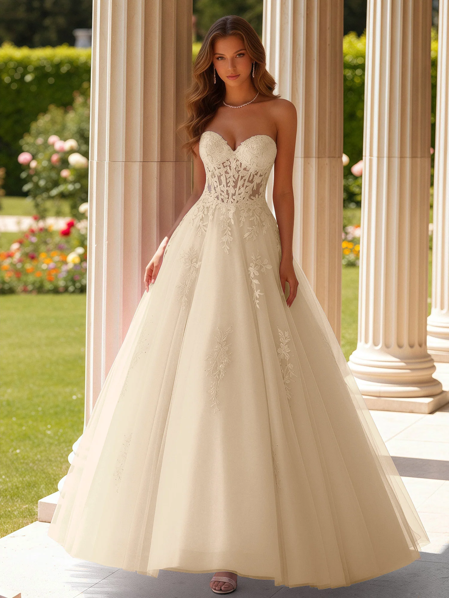 Lace Sweetheart Sheer Corset Applique Tulle Dress Champagne