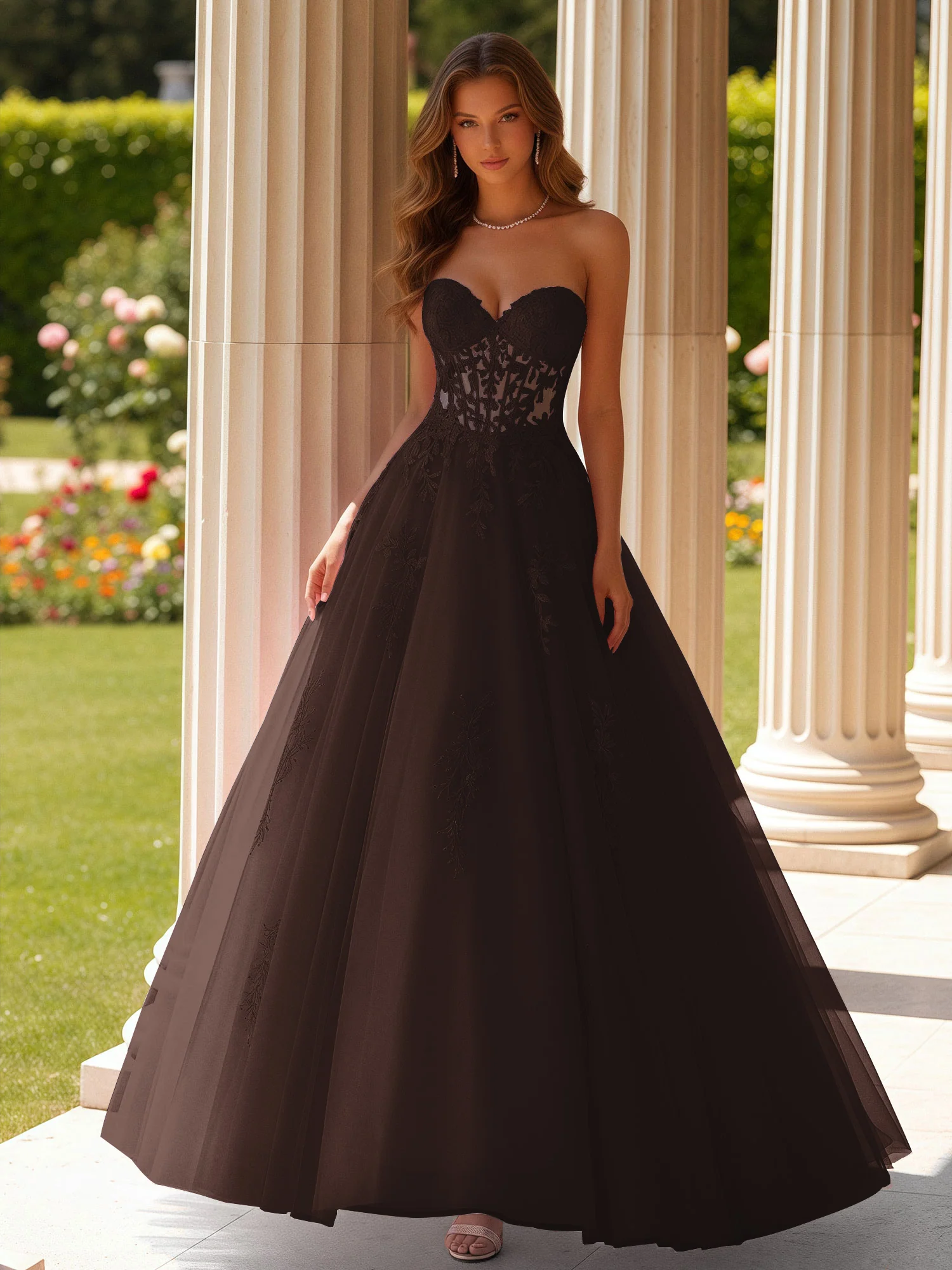 Lace Sweetheart Sheer Corset Applique Tulle Dress Chocolate
