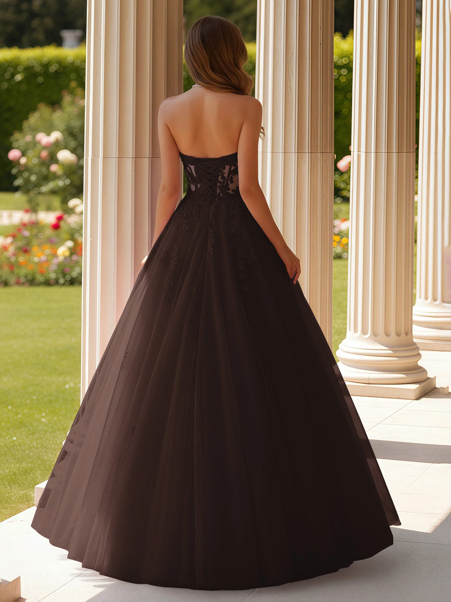 Lace Sweetheart Sheer Corset Applique Tulle Dress Chocolate - Image 2
