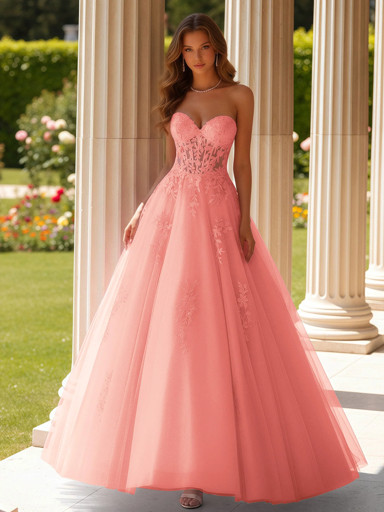 Lace Sweetheart Sheer Corset Applique Tulle Dress Coral