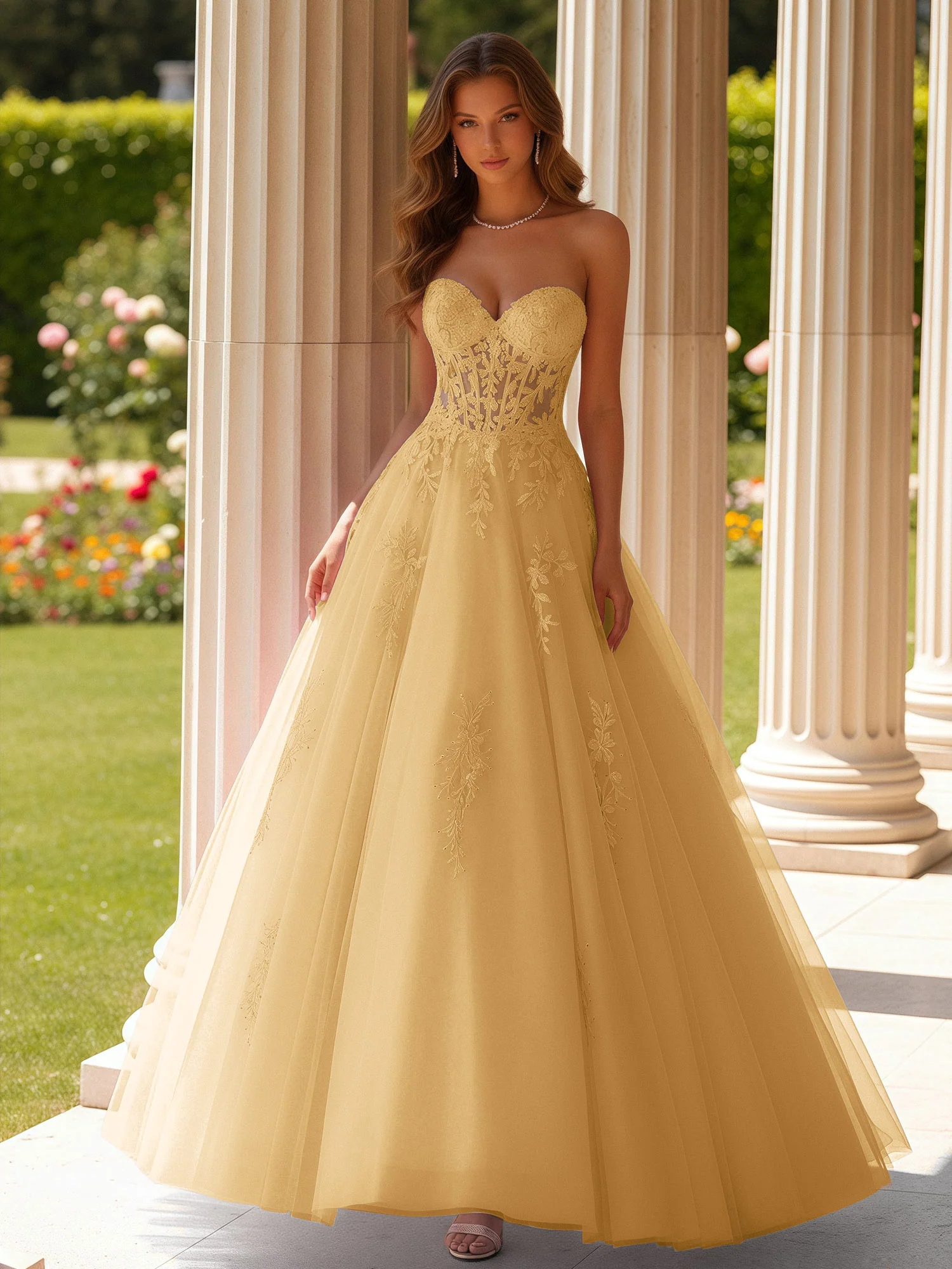 Lace Sweetheart Sheer Corset Applique Tulle Dress Gold
