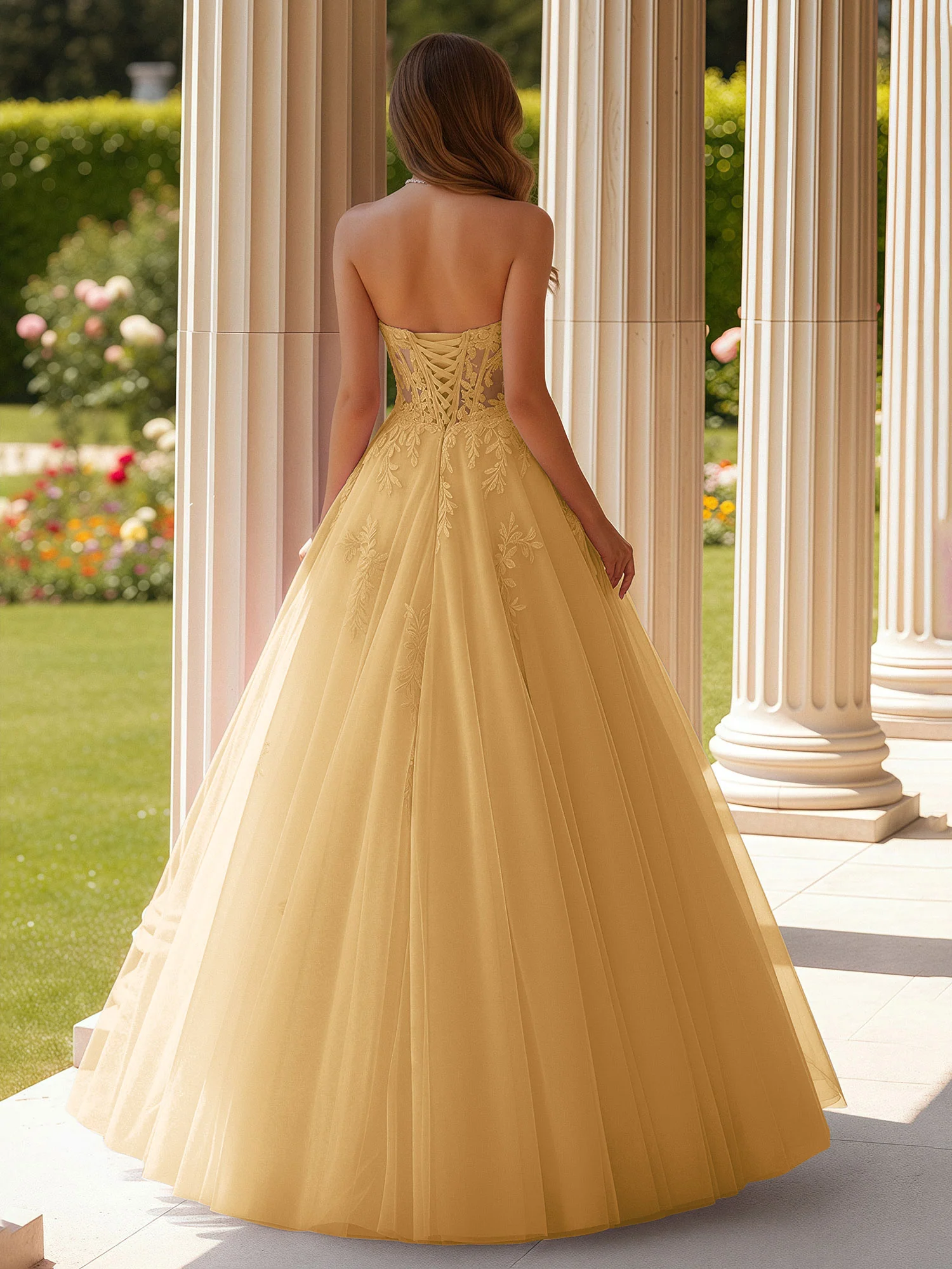 Lace Sweetheart Sheer Corset Applique Tulle Dress Gold - Image 2