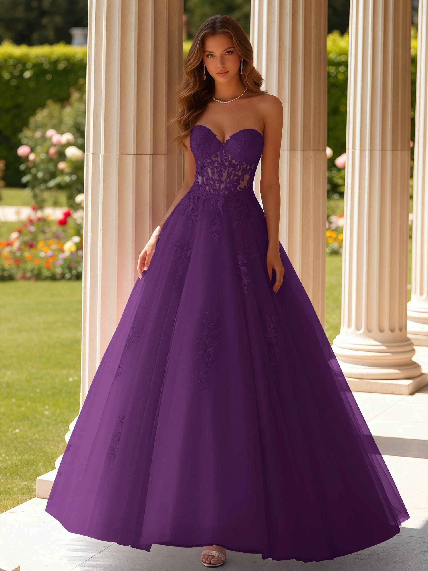 Lace Sweetheart Sheer Corset Applique Tulle Dress Grape