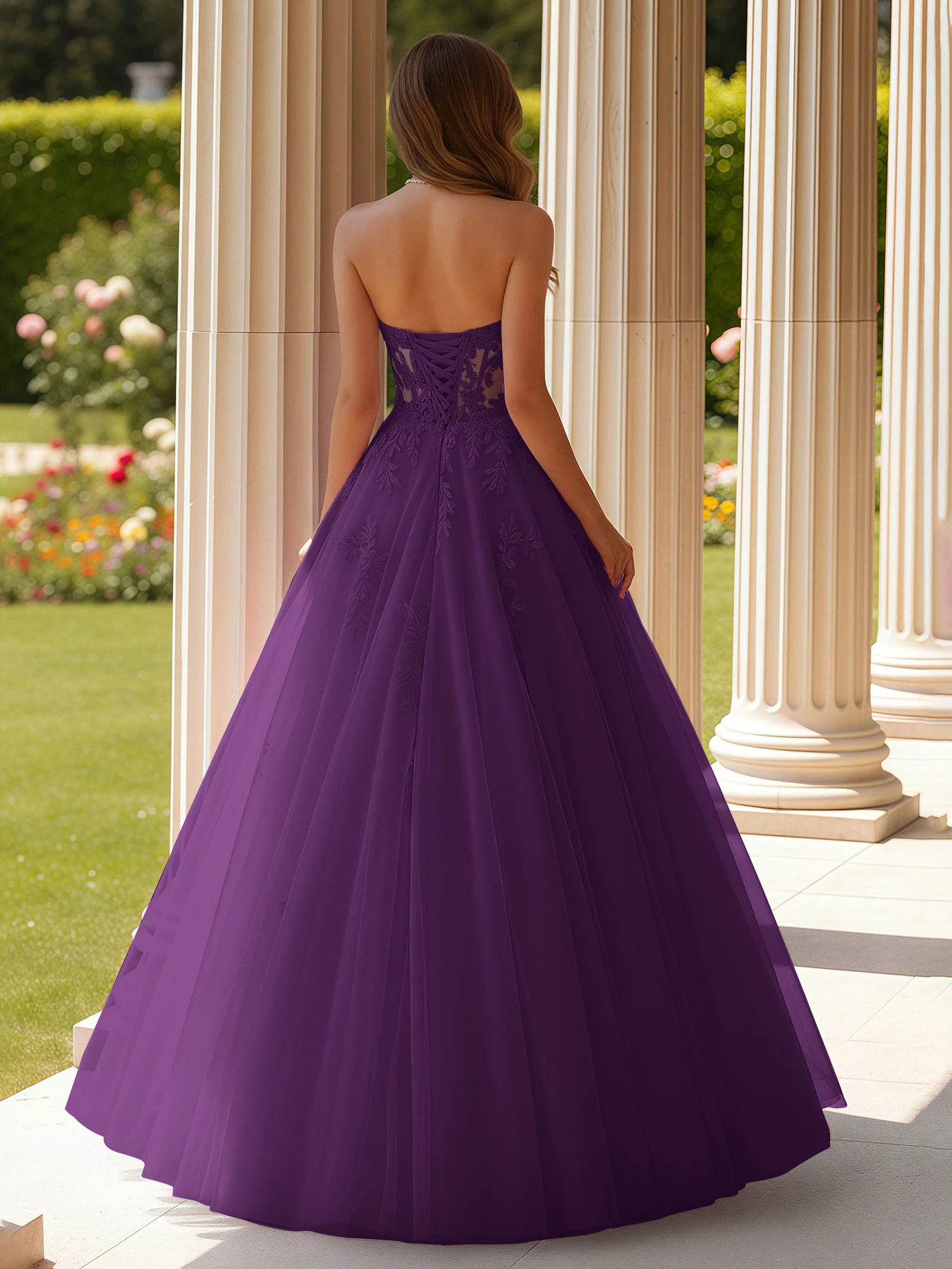 Lace Sweetheart Sheer Corset Applique Tulle Dress Grape - Image 2