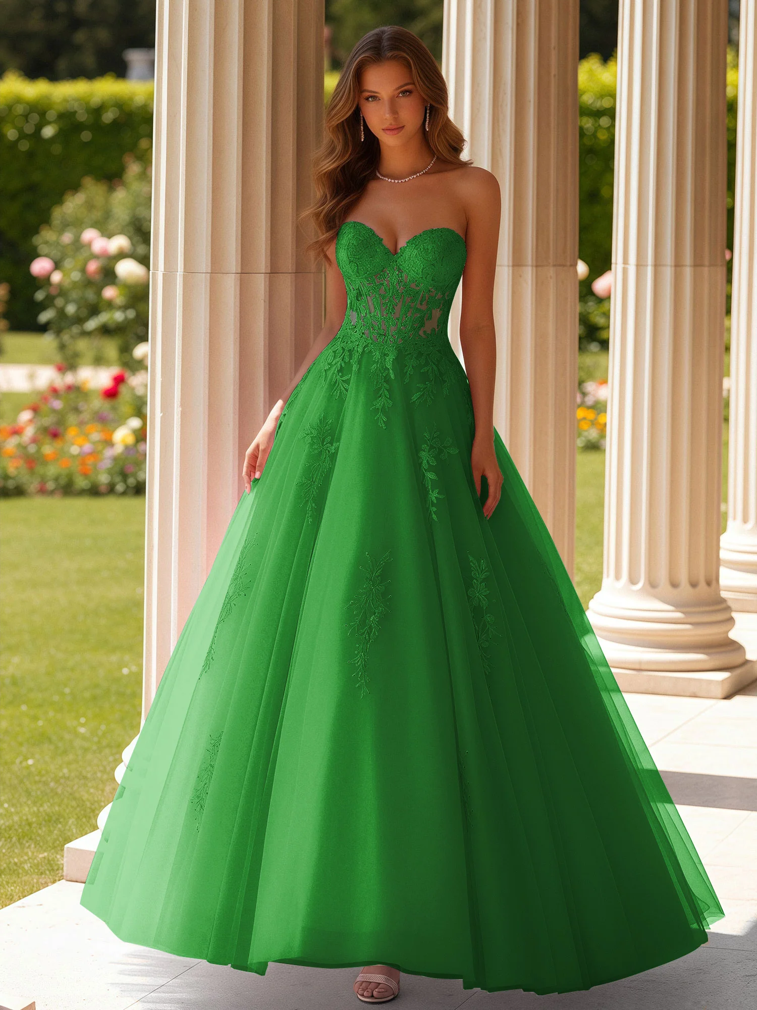 Lace Sweetheart Sheer Corset Applique Tulle Dress Green