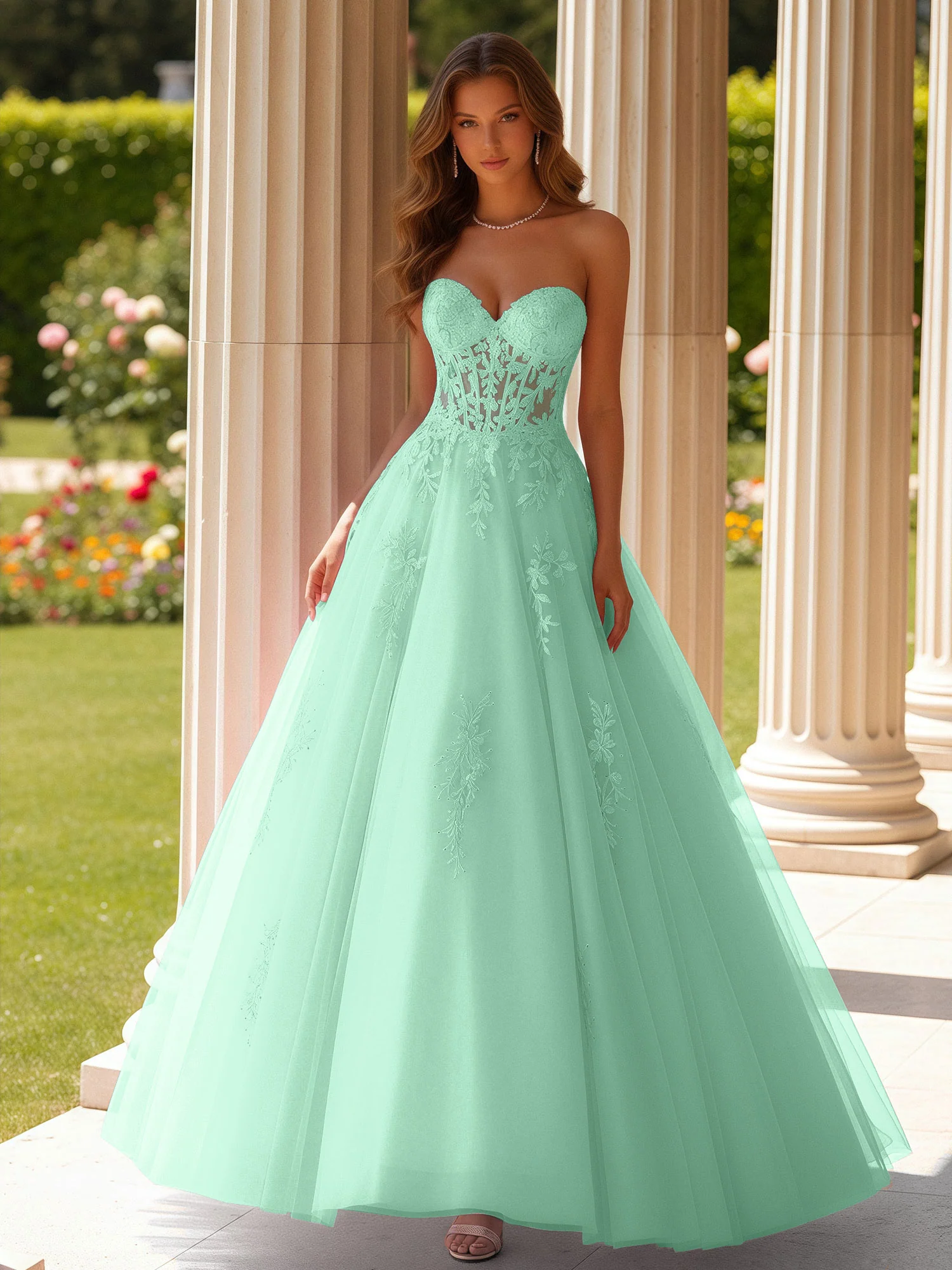 Lace Sweetheart Sheer Corset Applique Tulle Dress Mint Green