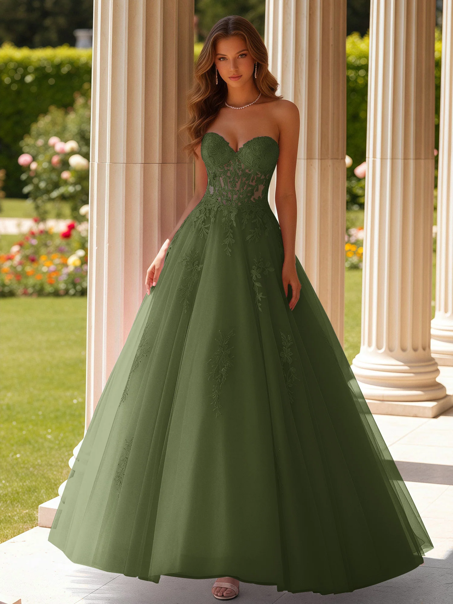 Lace Sweetheart Sheer Corset Applique Tulle Dress Olive Green