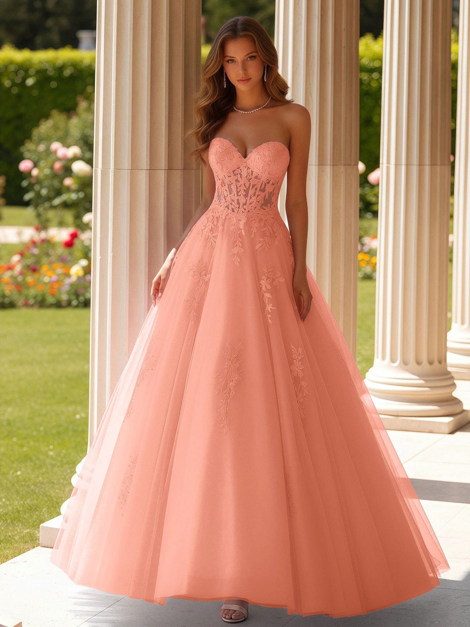 Lace Sweetheart Sheer Corset Applique Tulle Dress Papaya