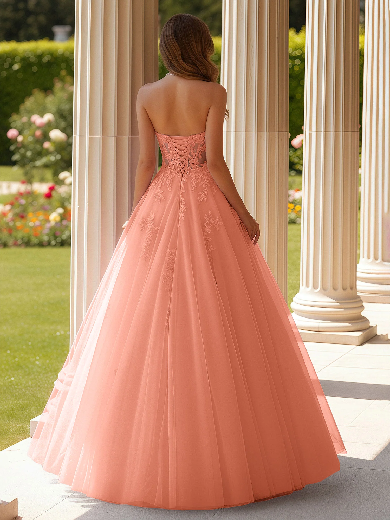 Lace Sweetheart Sheer Corset Applique Tulle Dress Papaya - Image 2