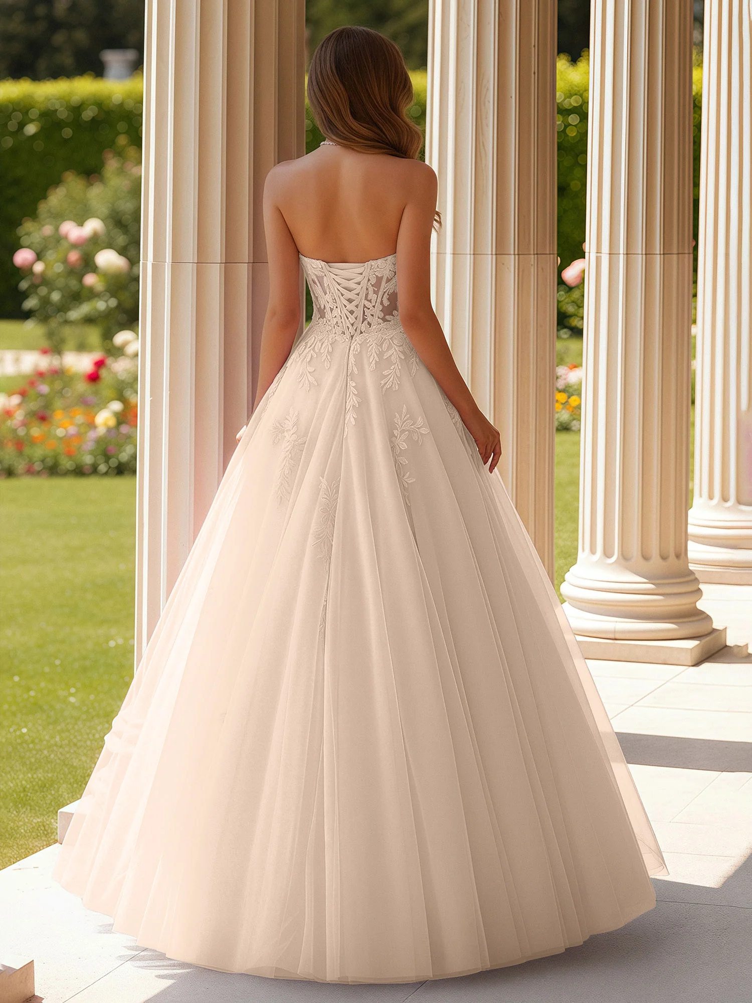 Lace Sweetheart Sheer Corset Applique Tulle Dress Peach - Image 2