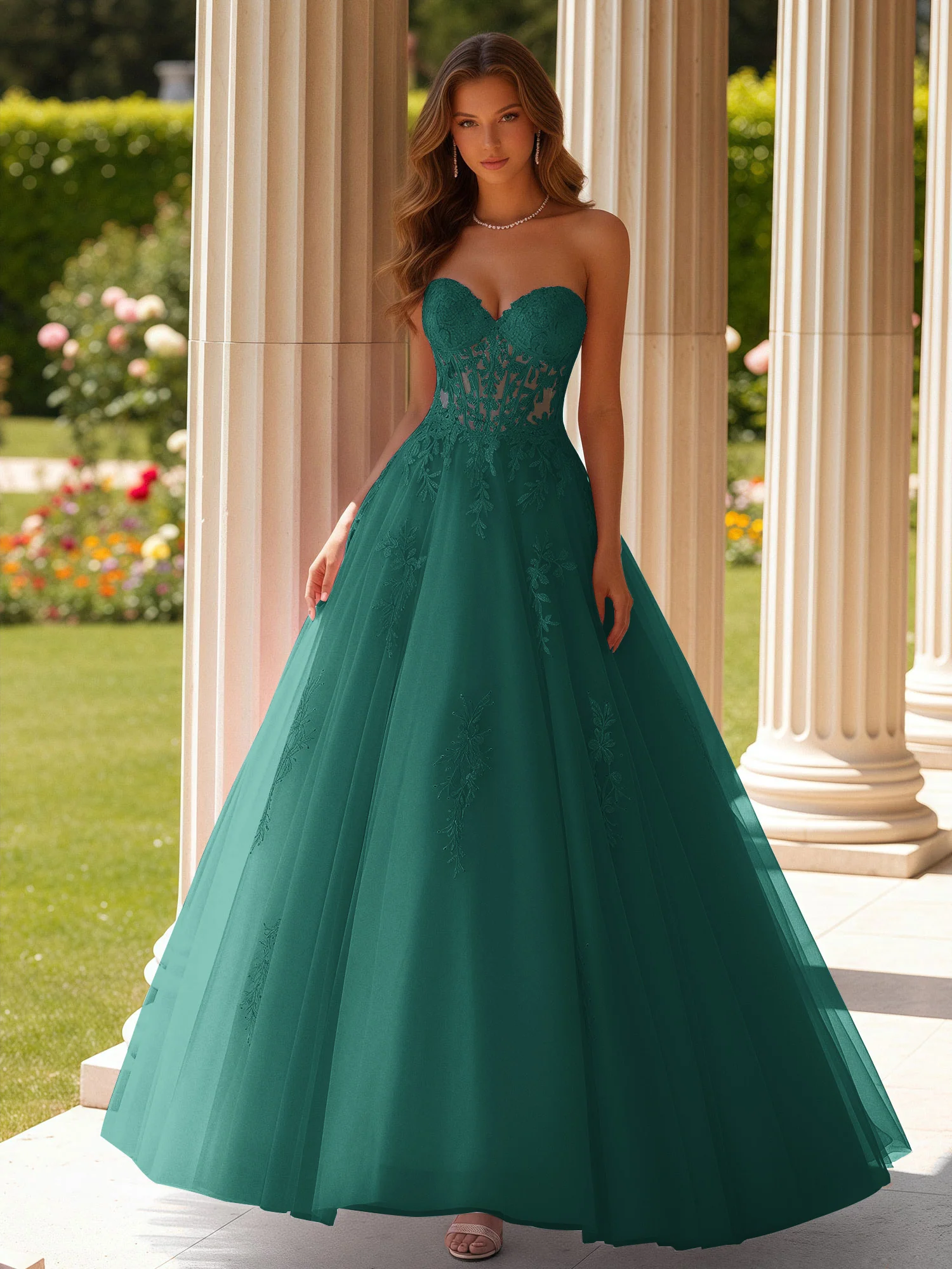 Lace Sweetheart Sheer Corset Applique Tulle Dress Peacock