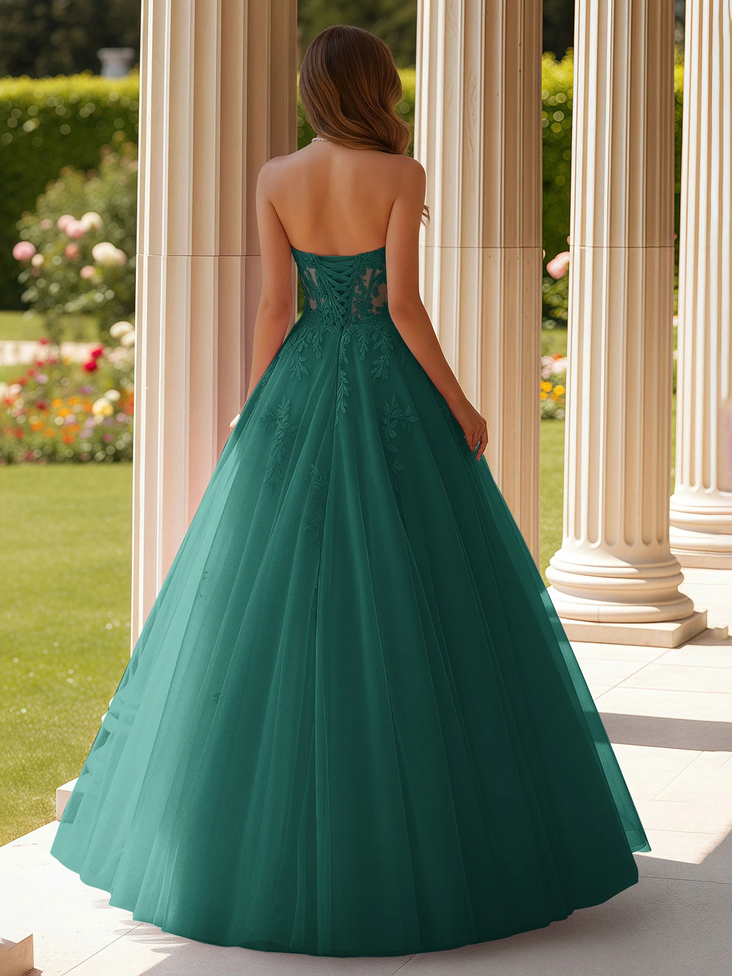 Lace Sweetheart Sheer Corset Applique Tulle Dress Peacock - Image 2