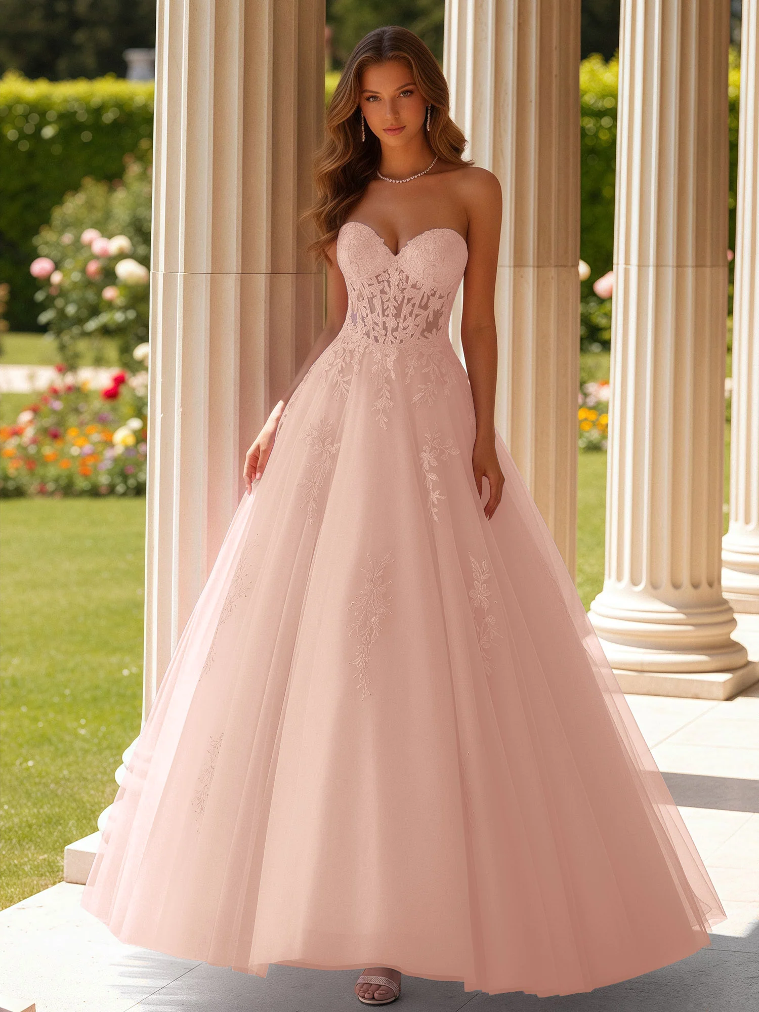 Lace Sweetheart Sheer Corset Applique Tulle Dress Pearl Pink