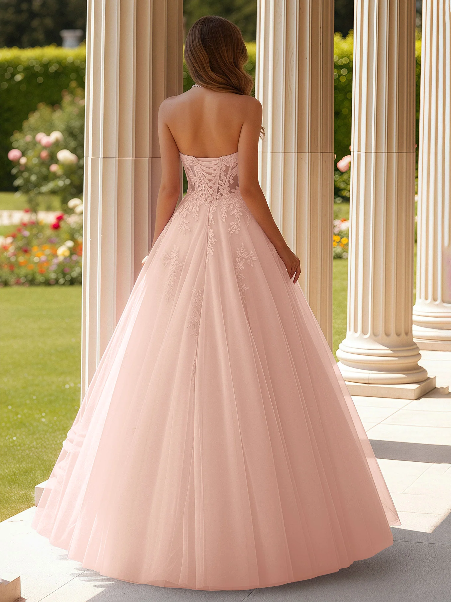 Lace Sweetheart Sheer Corset Applique Tulle Dress Pearl Pink - Image 2
