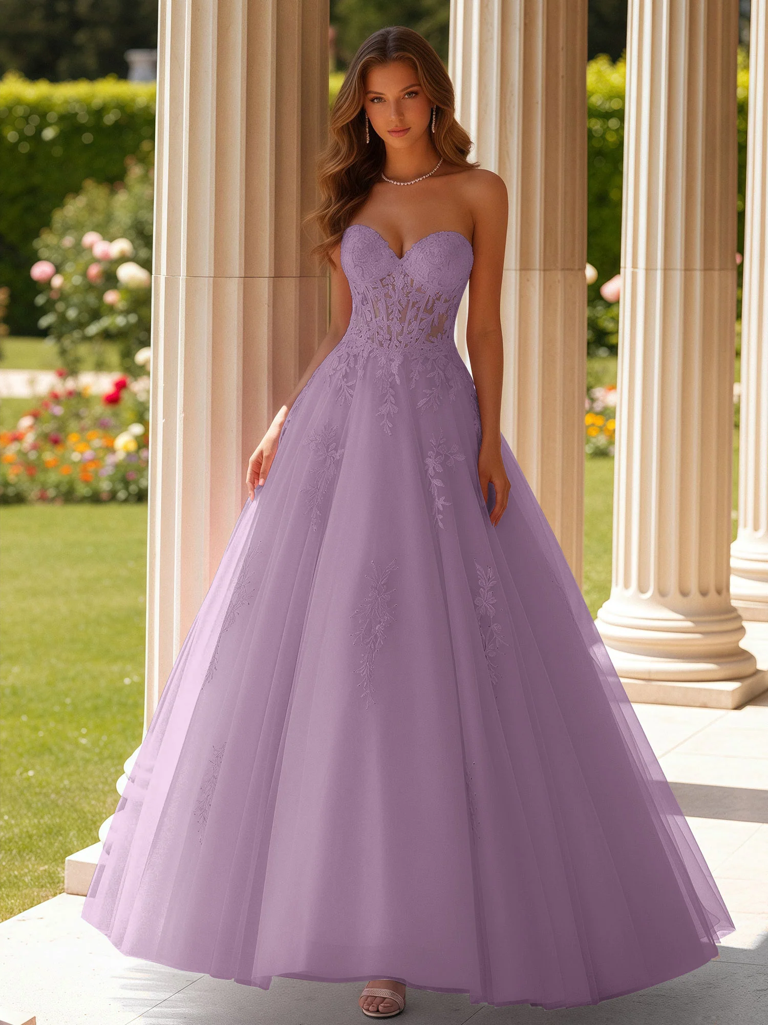 Lace Sweetheart Sheer Corset Applique Tulle Dress Wisteria