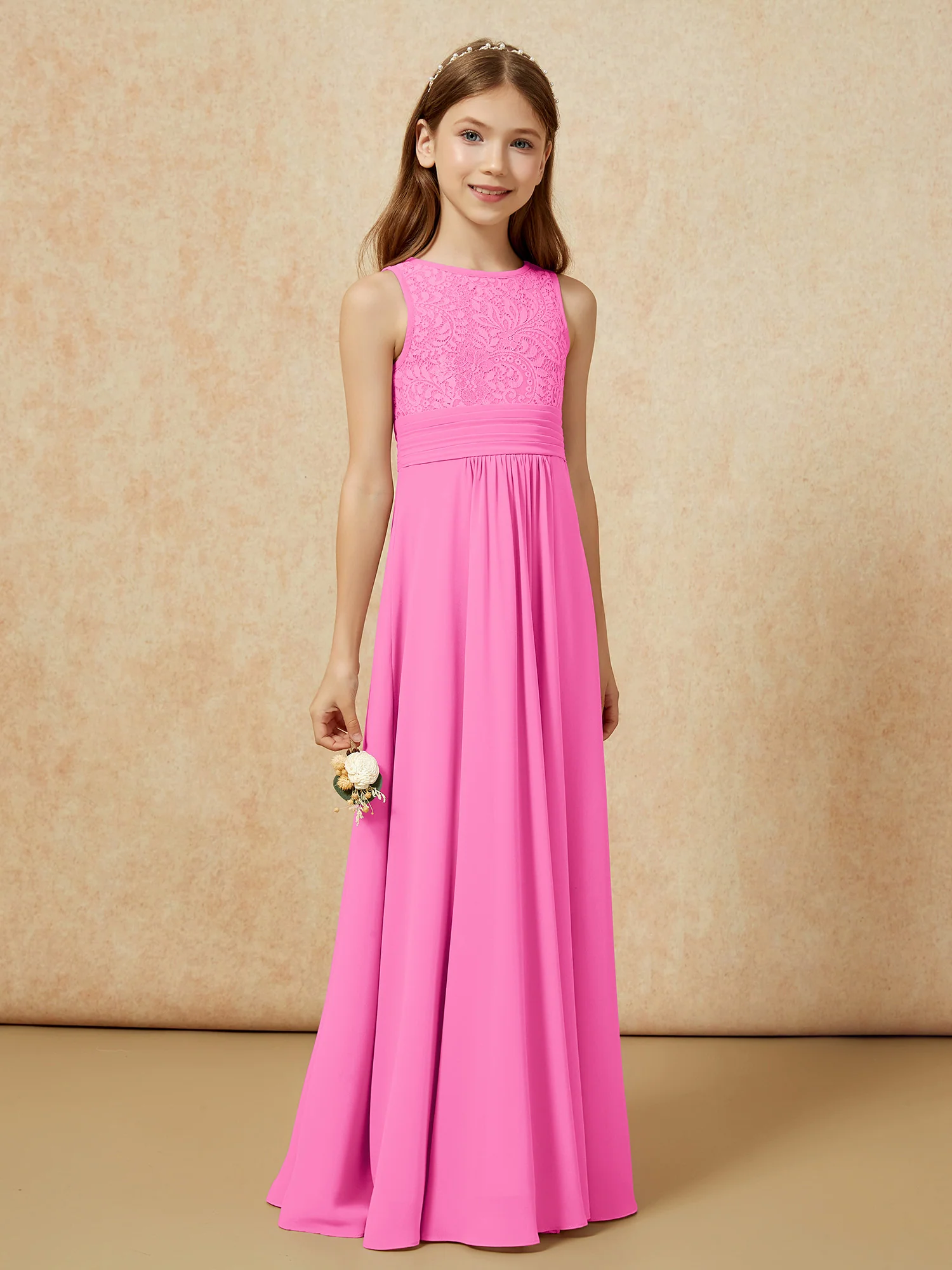 Lace Top A-line Long Junior Bridesmaid Dress Azalea - Image 3