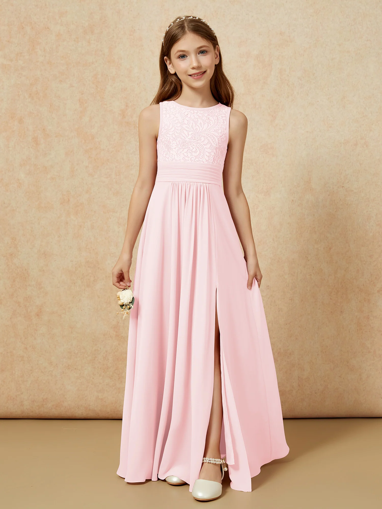 Lace Top A-line Long Junior Bridesmaid Dress Blushing Pink