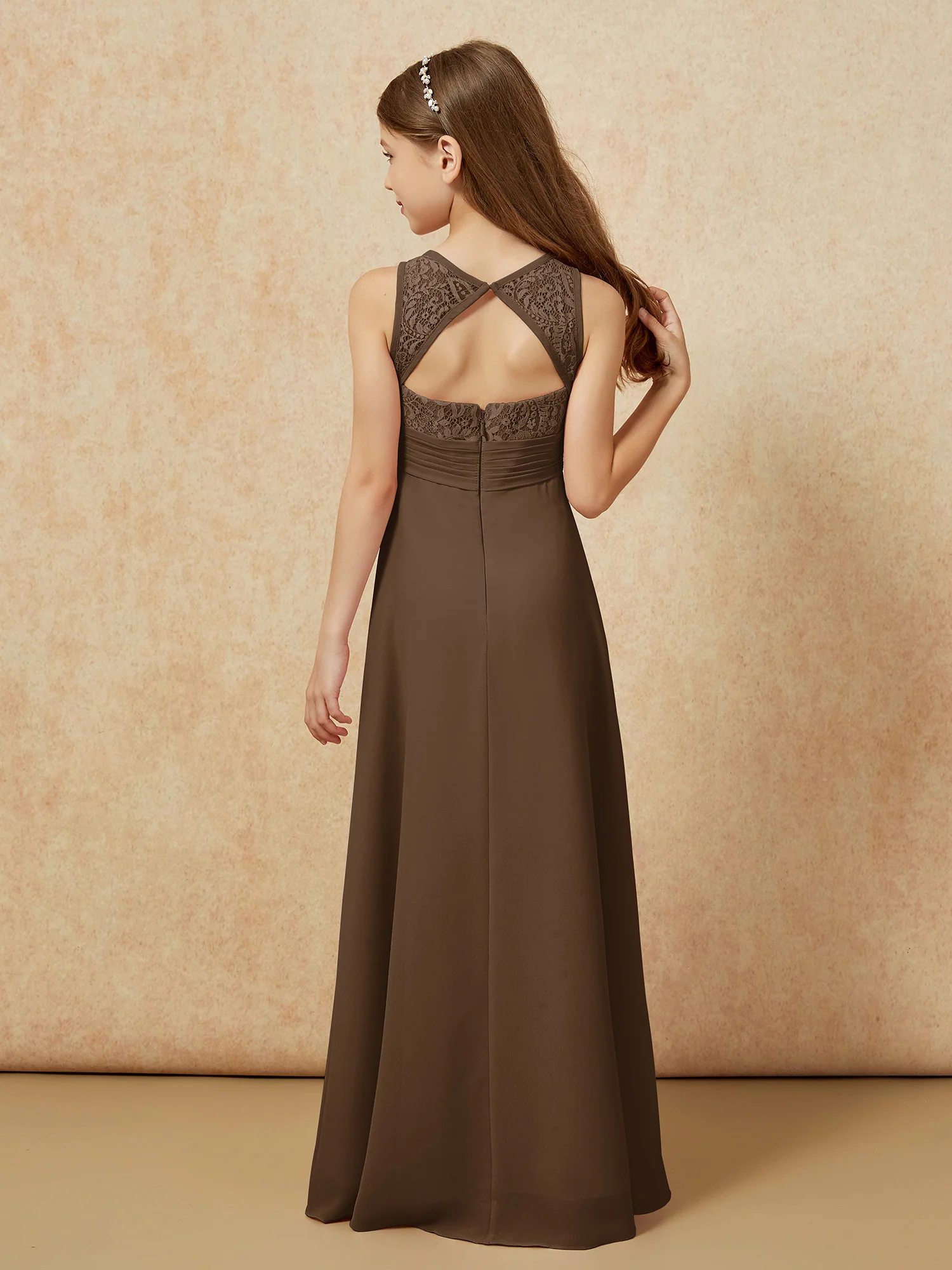 Lace Top A-line Long Junior Bridesmaid Dress Brown - Image 2