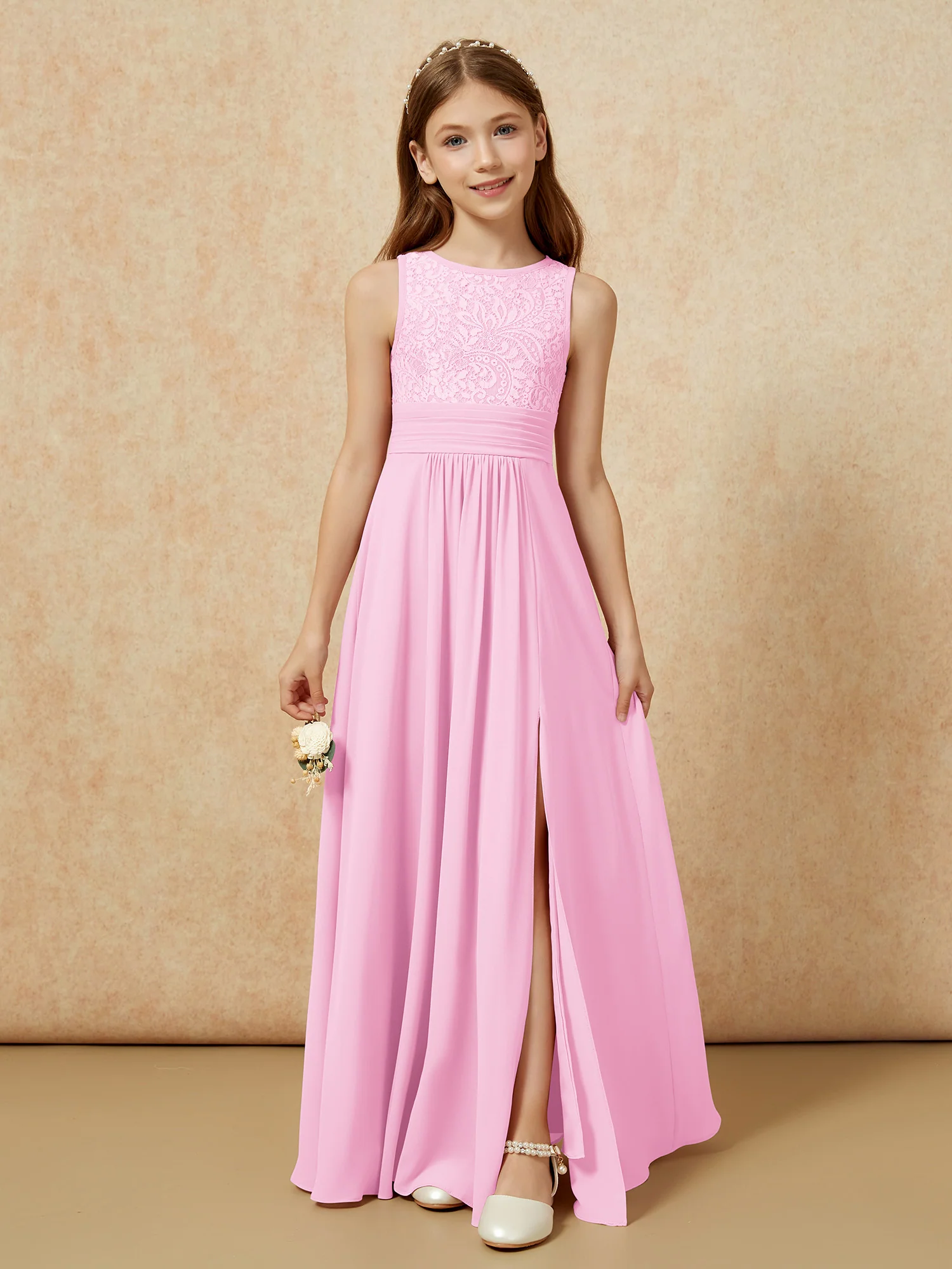 Lace Top A-line Long Junior Bridesmaid Dress Candy Pink