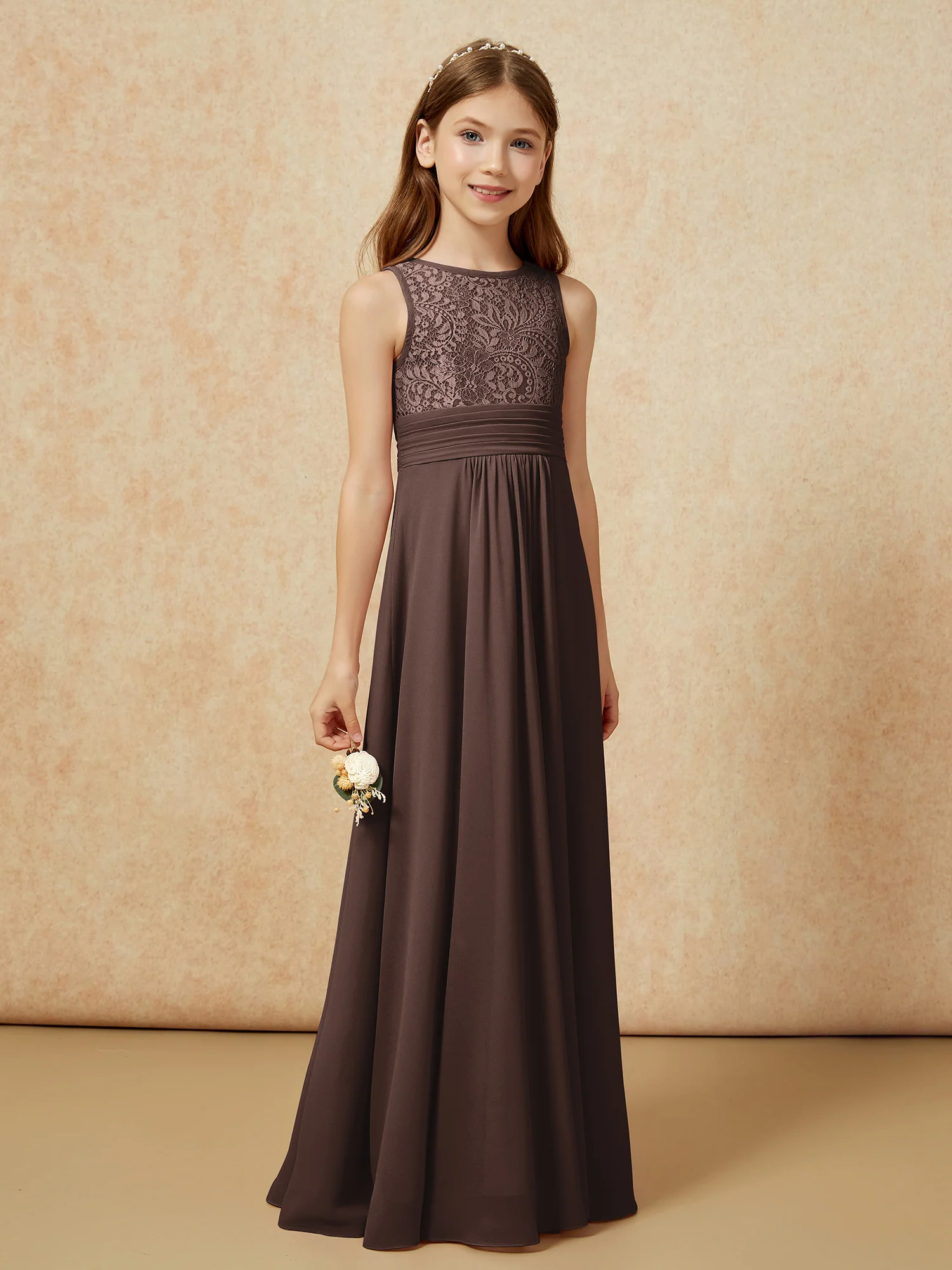 Lace Top A-line Long Junior Bridesmaid Dress Chocolate - Image 3