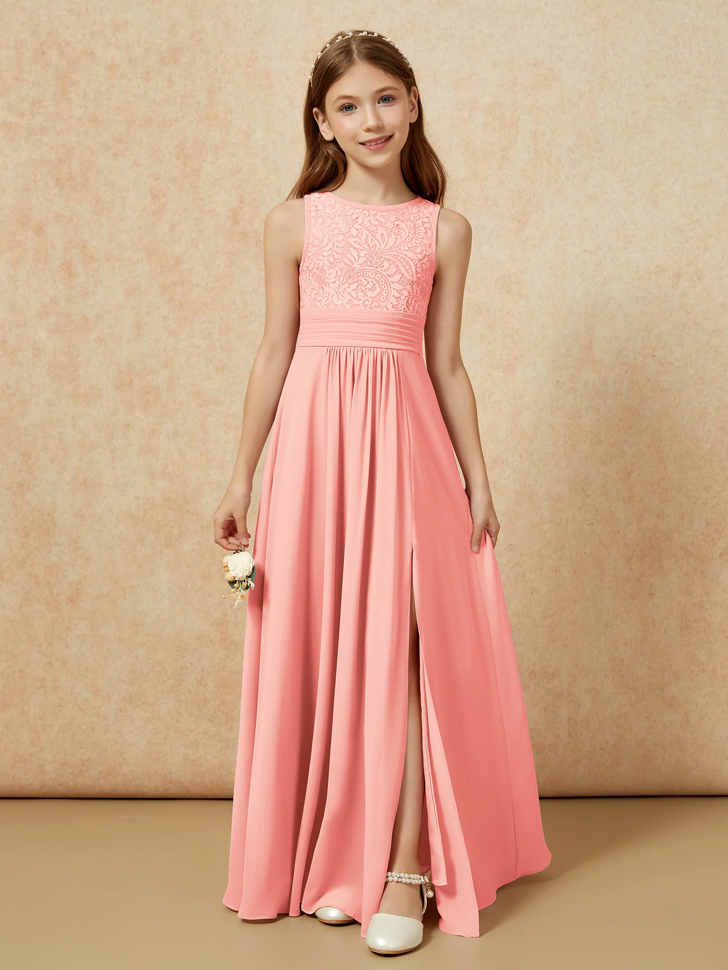 Lace Top A-line Long Junior Bridesmaid Dress Coral