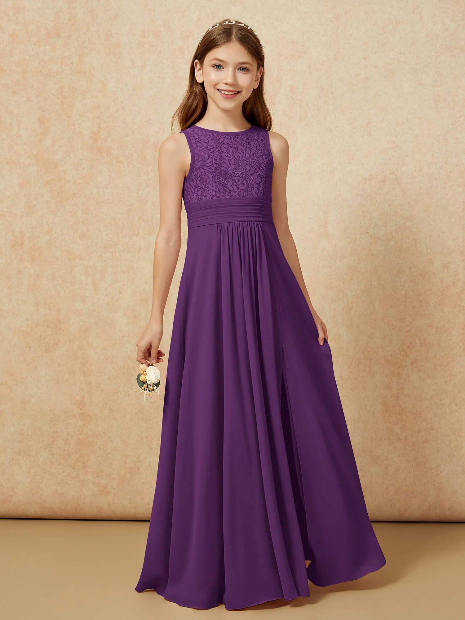 Lace Top A-line Long Junior Bridesmaid Dress Grape - Image 5