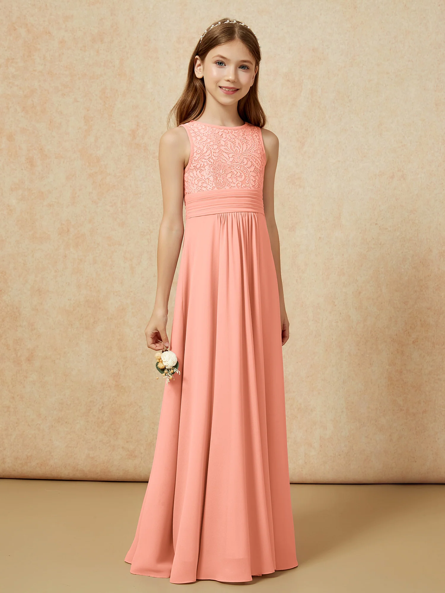 Lace Top A-line Long Junior Bridesmaid Dress Papaya - Image 3