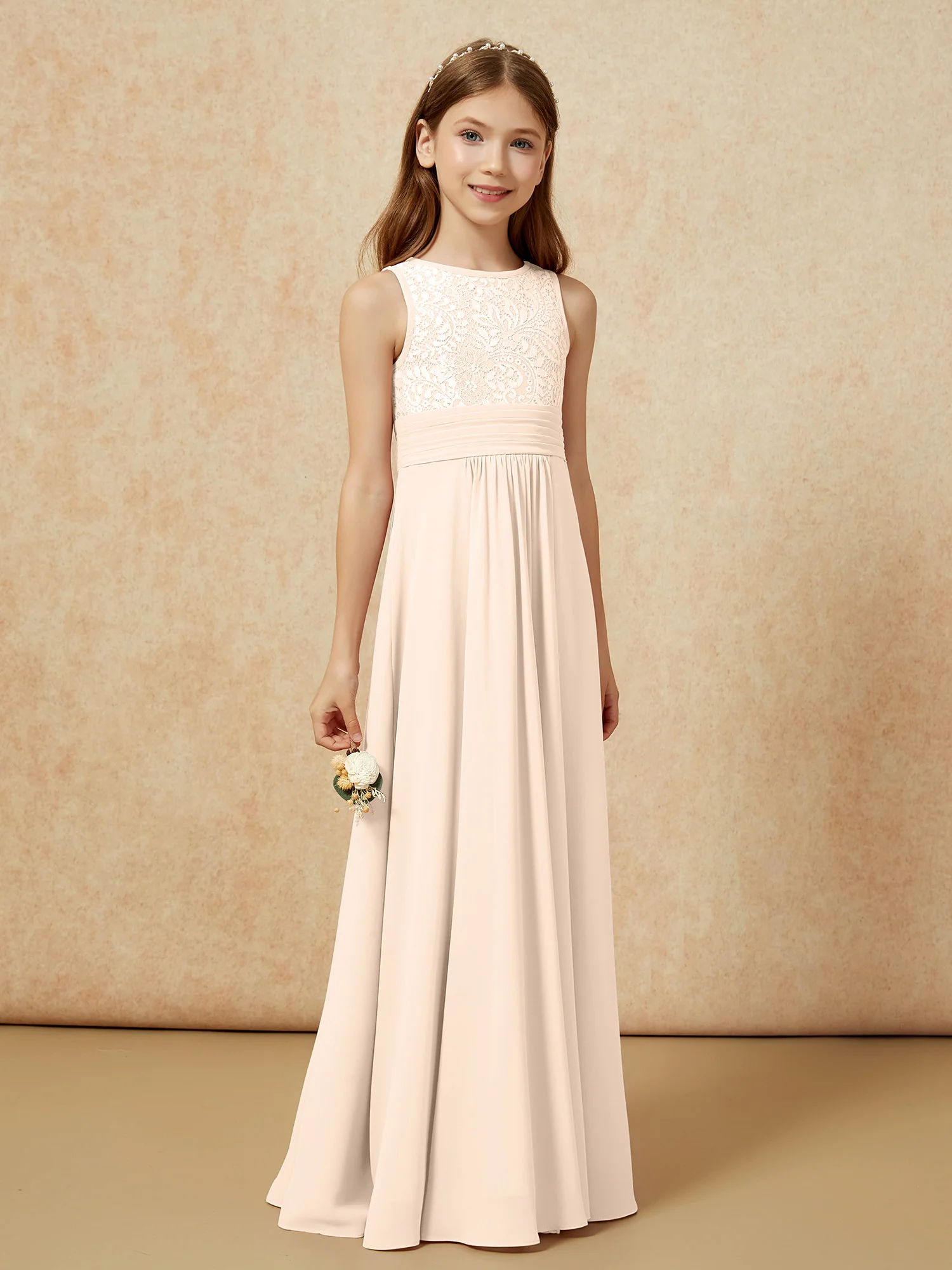 Lace Top A-line Long Junior Bridesmaid Dress Peach - Image 3