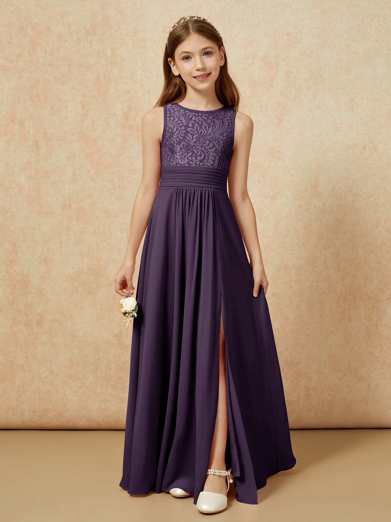 Lace Top A-line Long Junior Bridesmaid Dress Plum