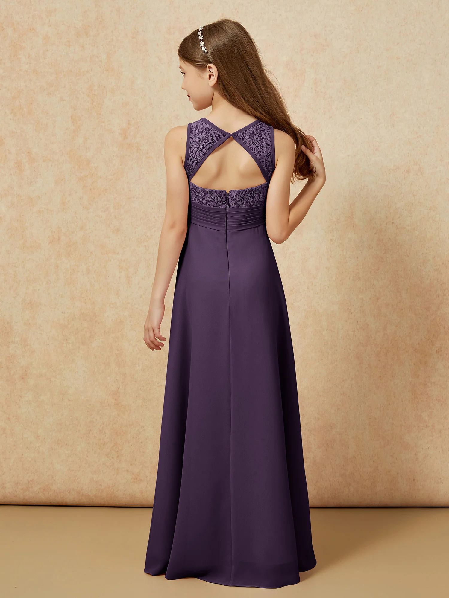 Lace Top A-line Long Junior Bridesmaid Dress Plum - Image 2